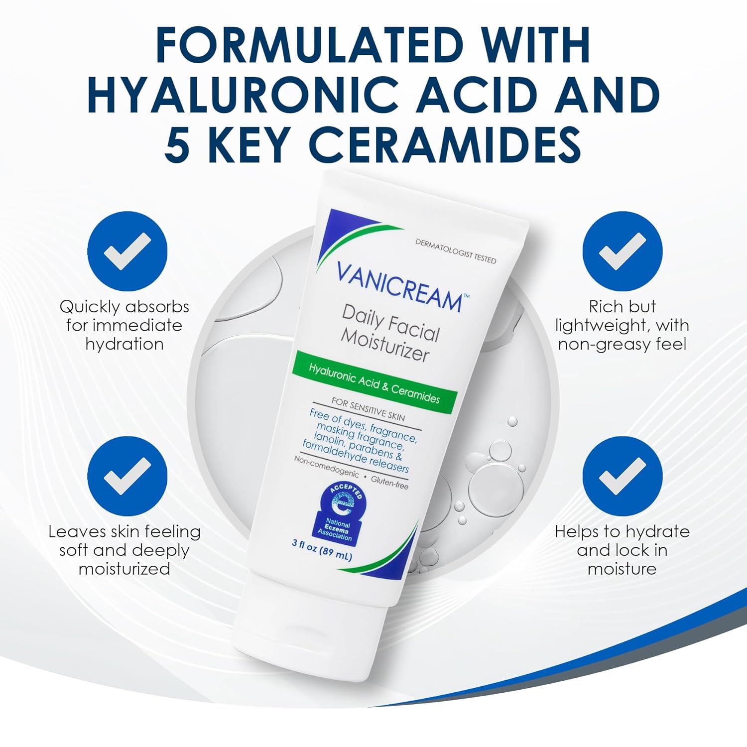 Communicates multiple key benefits of the facial moisturizer in a visually segmented layout with checkmark callouts, emphasizing the product's hydration capabilities, texture, and key ingredients to…