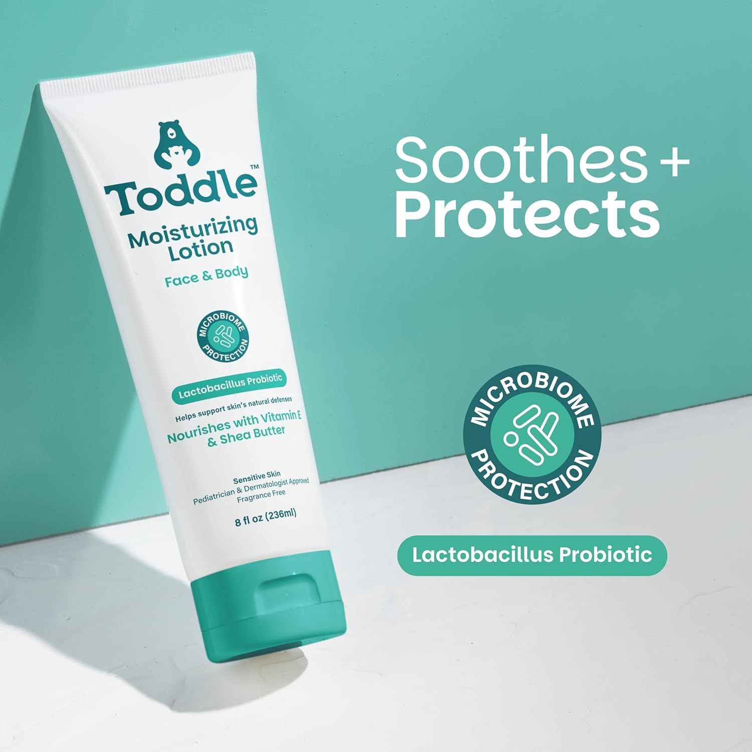 Highlights the product's unique microbiome protection feature with Lactobacillus Probiotic to reassure parents that the lotion soothes and protects their child's sensitive skin.