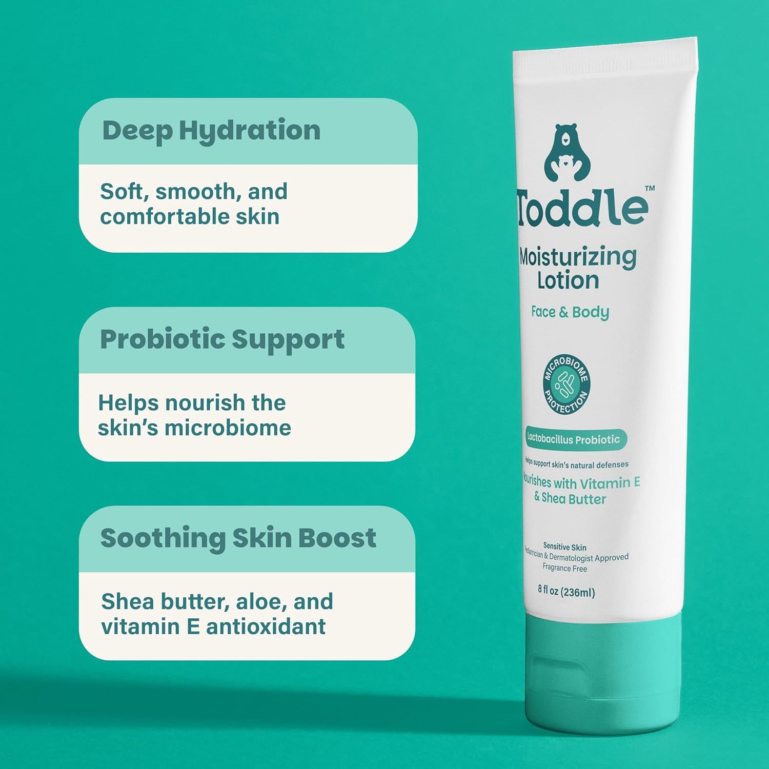 Communicates three distinct product benefits in a segmented layout to show shoppers the multiple ways this moisturizing lotion supports and nourishes children's skin.