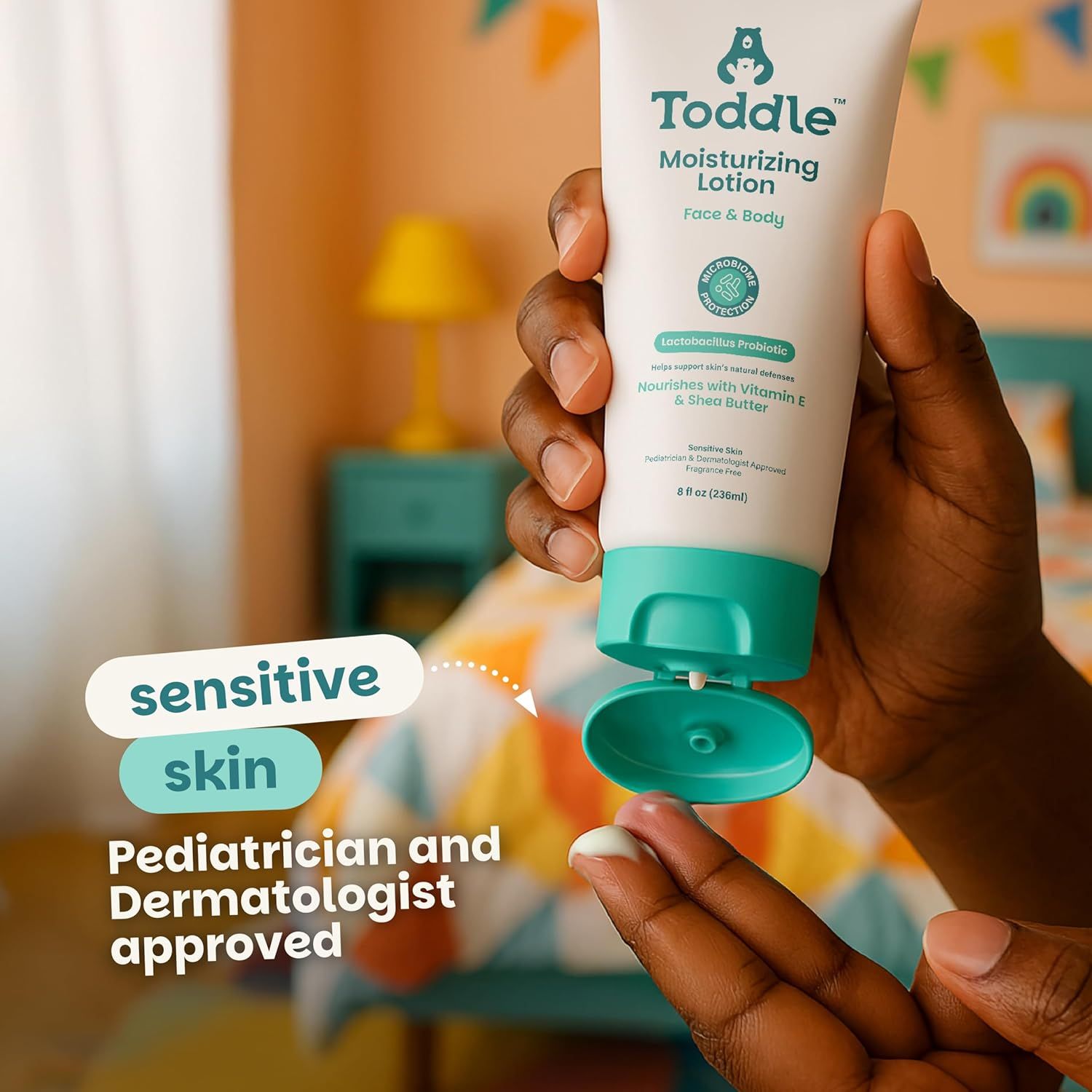 Reassures parents that the product is safe and gentle for children's sensitive skin, backed by professional medical approval. Communicates the primary benefit that this moisturizing lotion is…