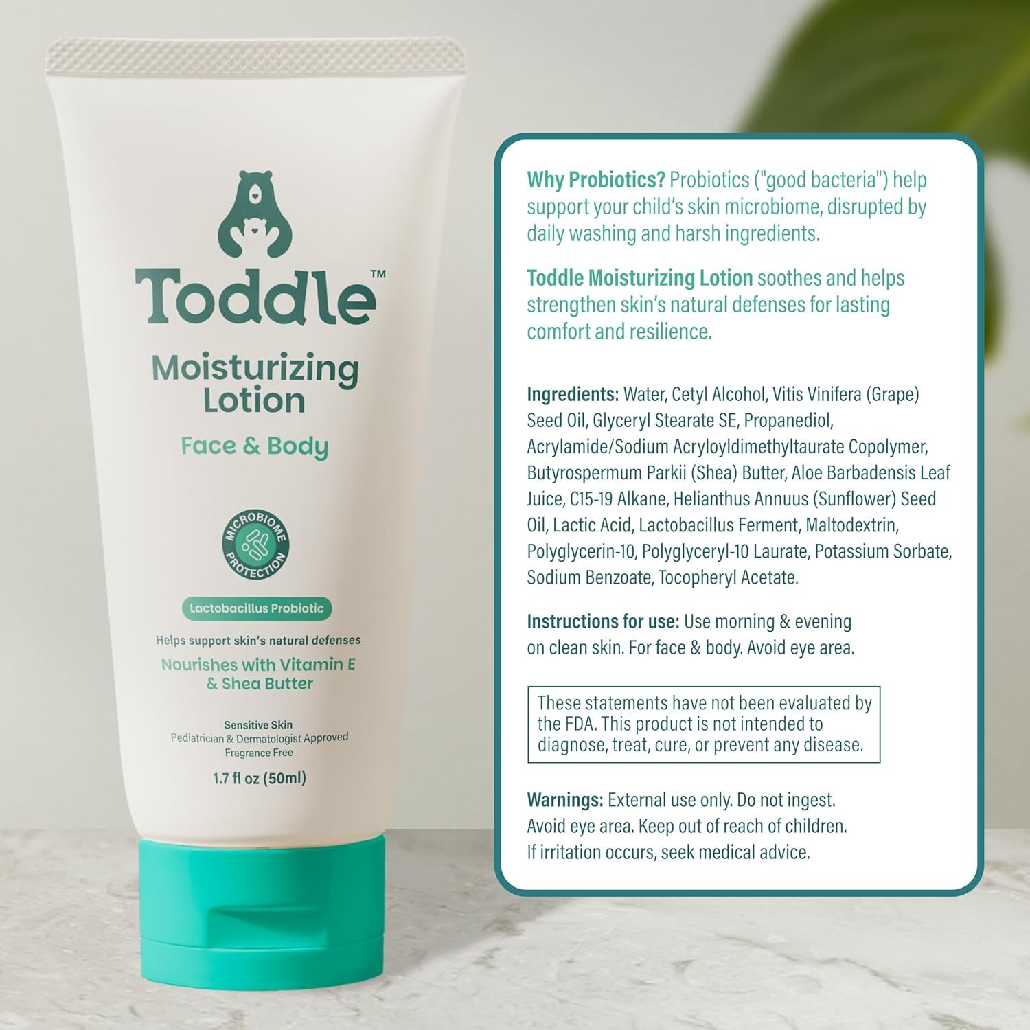Communicates multiple distinct benefits of the moisturizing lotion including probiotic protection, nourishing ingredients, and skin microbiome support to reassure parents of comprehensive skincare…