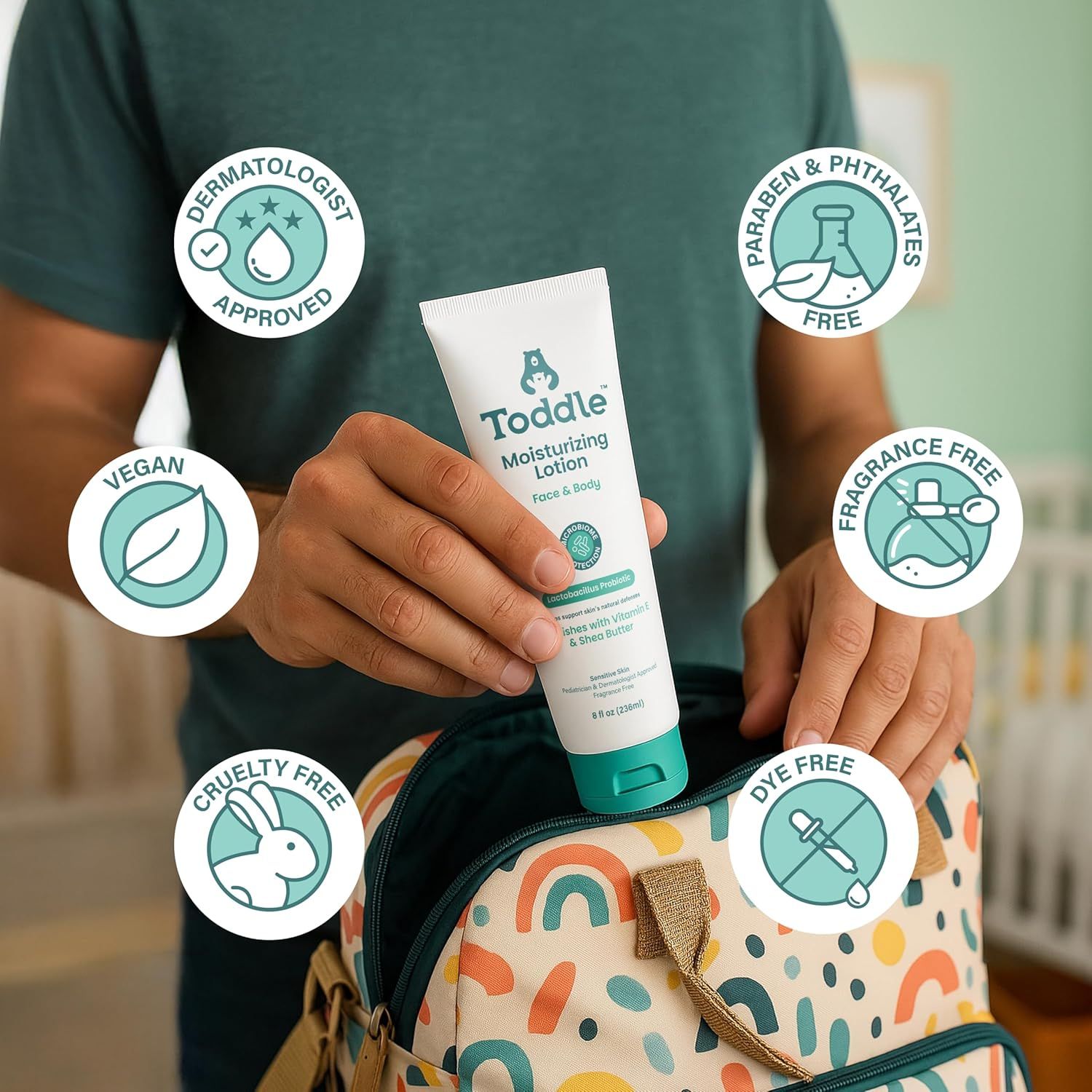 Communicates multiple safety and sustainability certifications to reassure parents that the product is safe, gentle, and ethically made for children. Highlights multiple distinct product benefits…