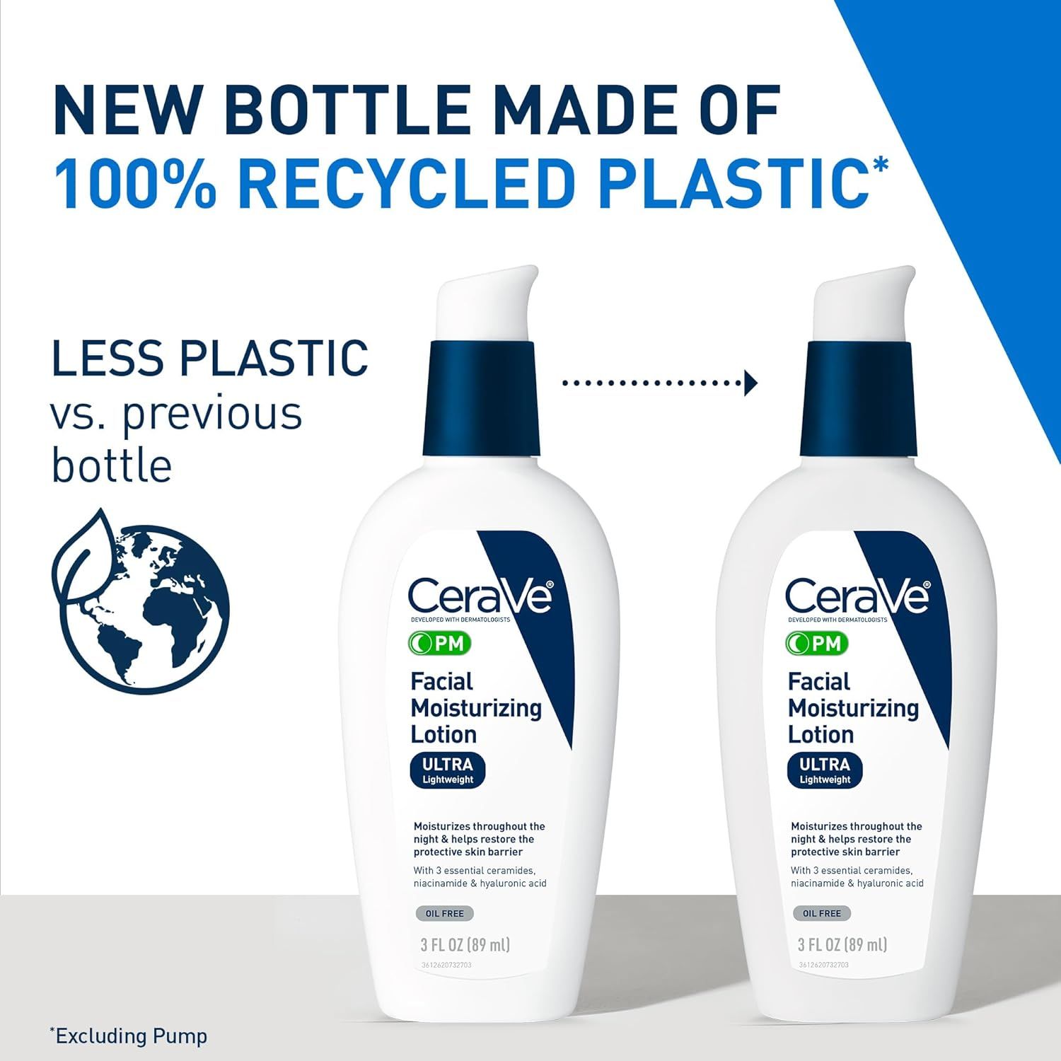 Communicates the brand's environmental responsibility by highlighting that the new bottle is made from 100% recycled plastic and uses less plastic than the previous version, reassuring eco-conscious…