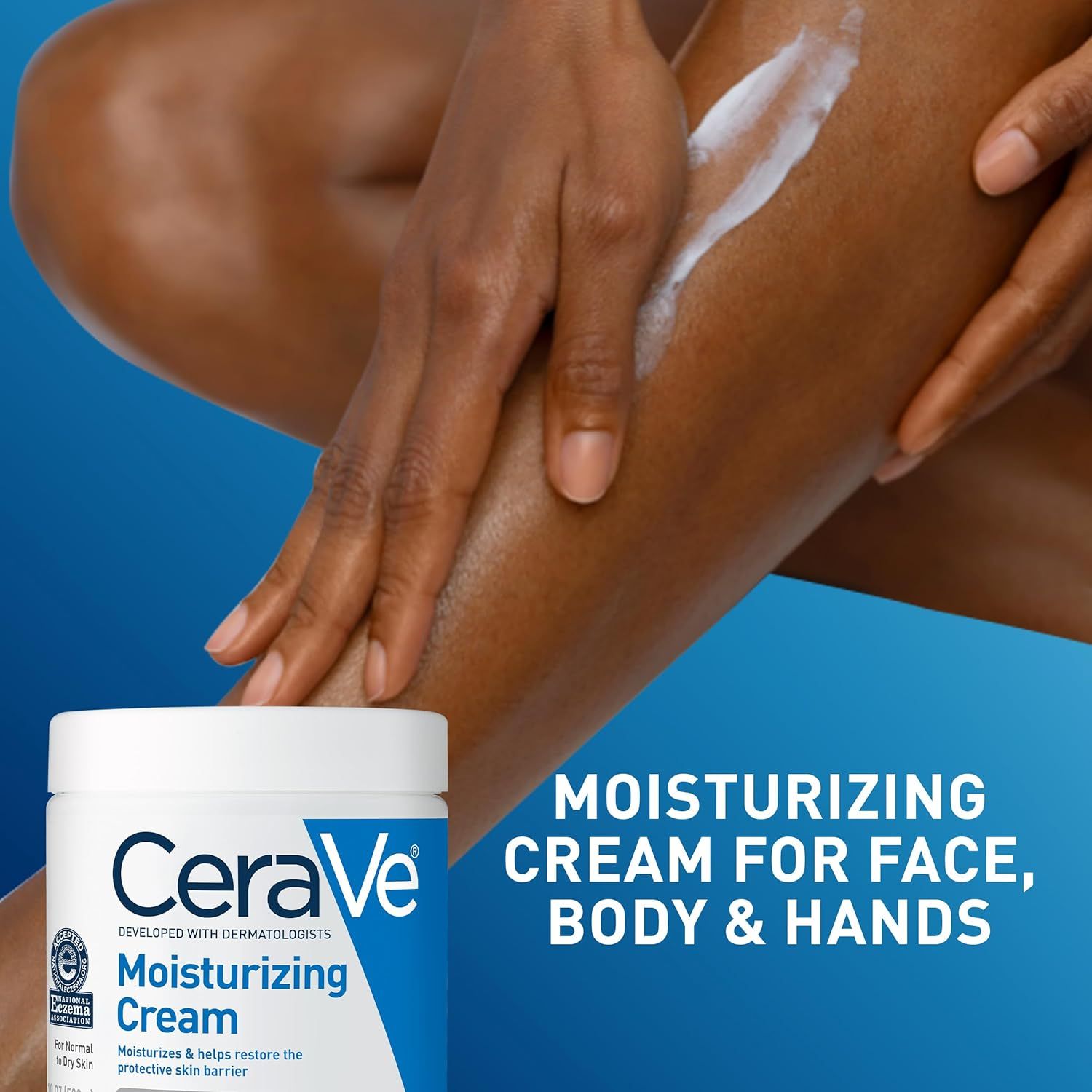 Communicates that this CeraVe moisturizing cream is versatile and can be used on multiple body areas (face, body, and hands) to hydrate and restore the skin barrier.