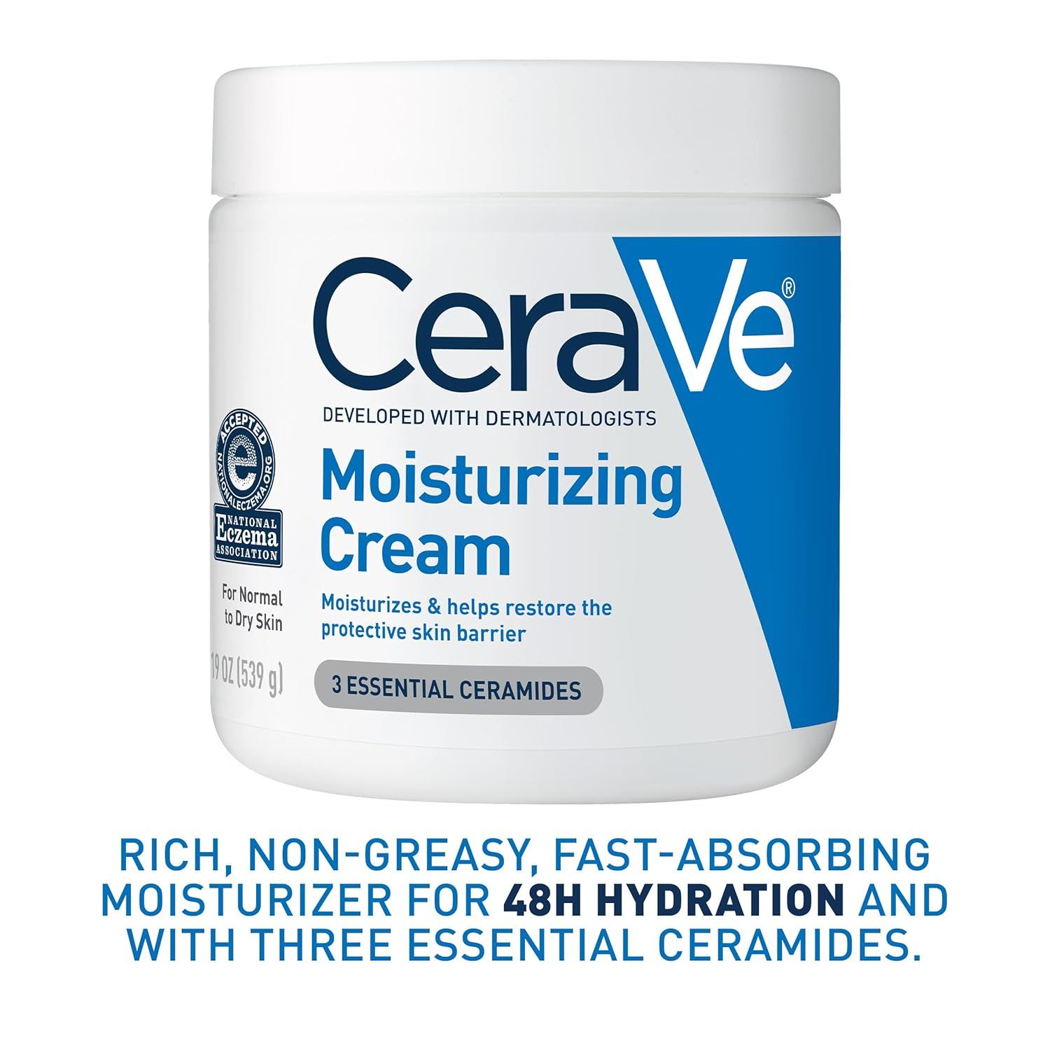 Communicates multiple key benefits of the moisturizing cream including texture (rich, non-greasy), absorption speed, long-lasting hydration duration, and key ingredient composition to help shoppers…