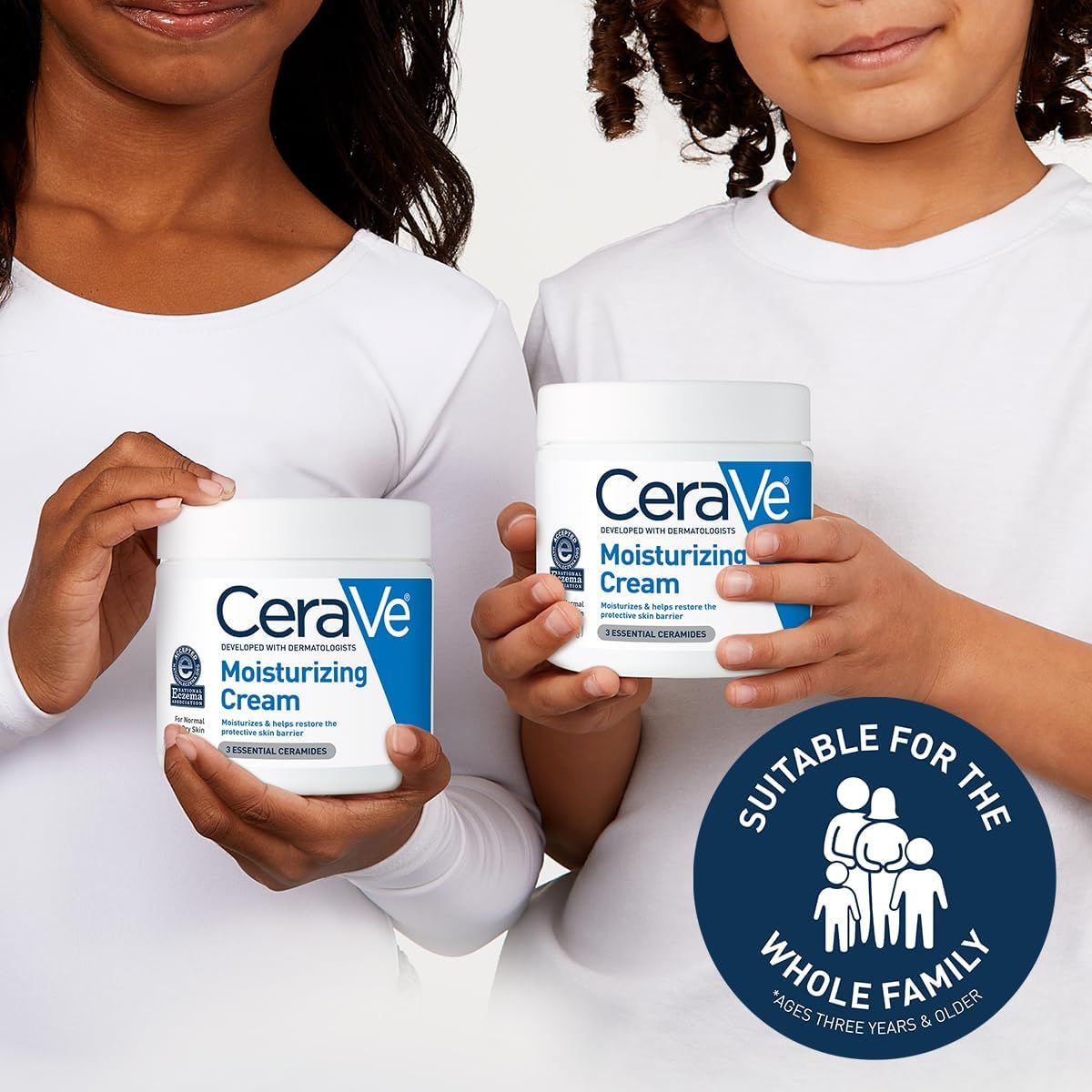 Showcases the CeraVe Moisturizing Cream product line in two different sizes and emphasizes its suitability for the whole family, including children ages three years and older.