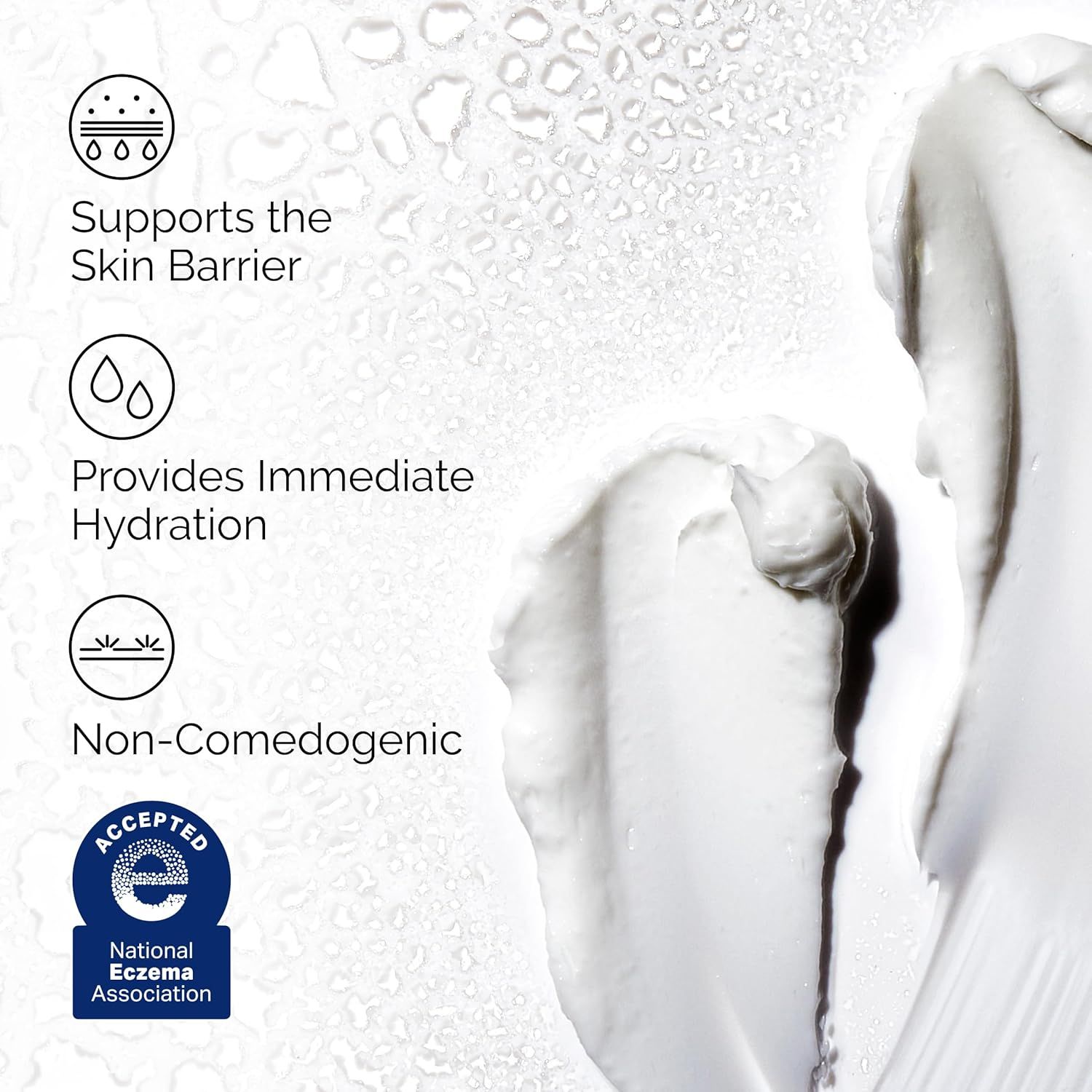 Communicates multiple key skincare benefits in a segmented layout to reassure shoppers that the product is effective, safe for sensitive skin, and dermatologist-approved. Highlights third-party…