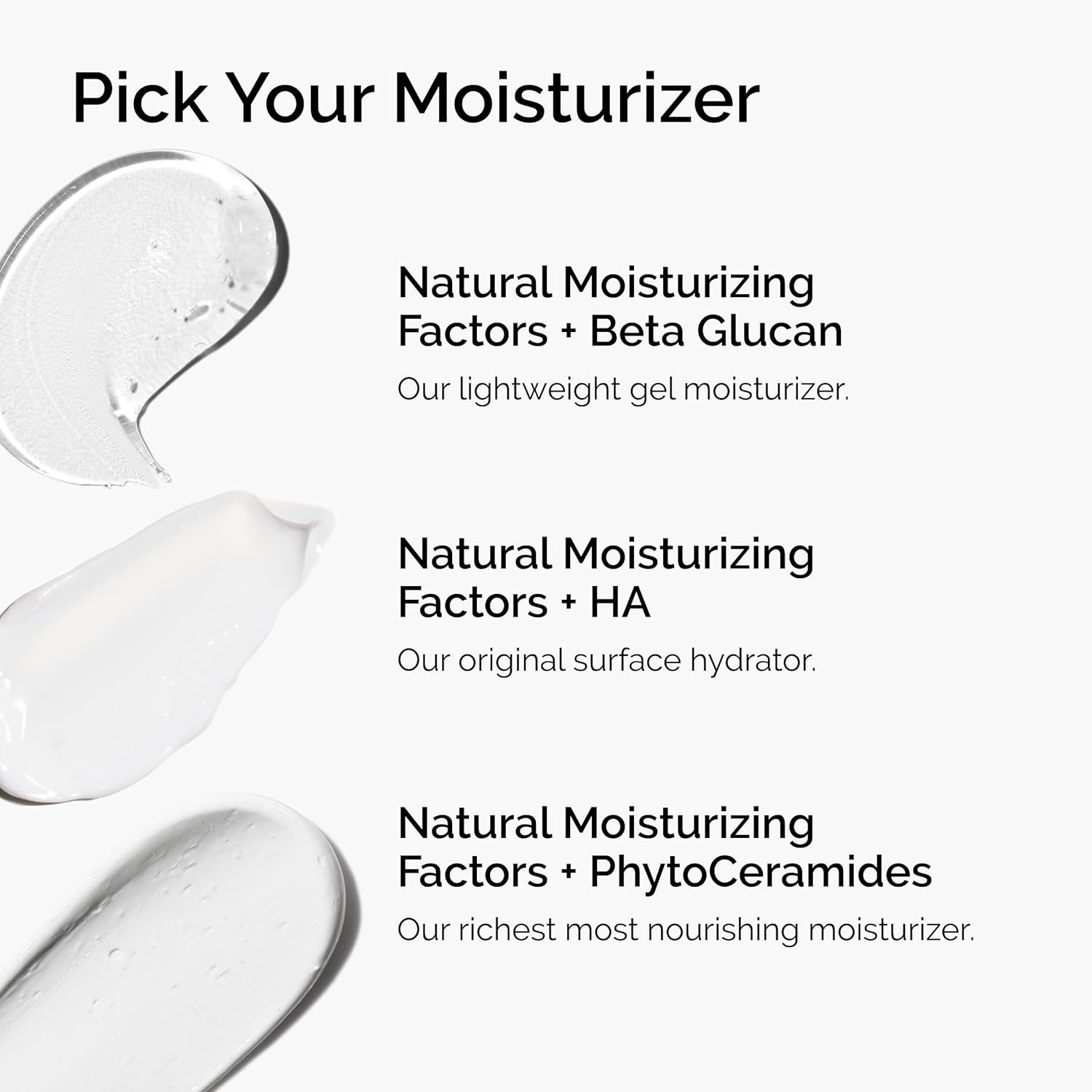 Helps shoppers choose between three different moisturizer formulations from the same brand by showcasing the product lineup with key ingredient differentiators and texture descriptions.