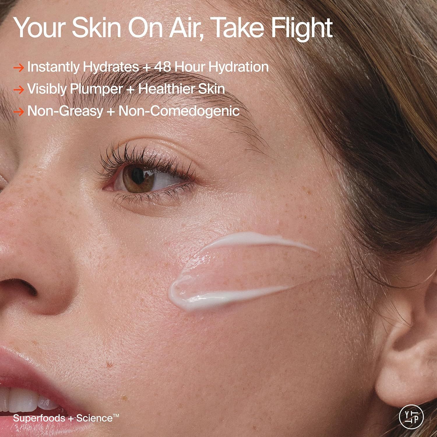 Communicates multiple key benefits of the skincare product including long-lasting hydration, visible skin improvement, and skin-friendly formulation to reassure shoppers of comprehensive skincare…