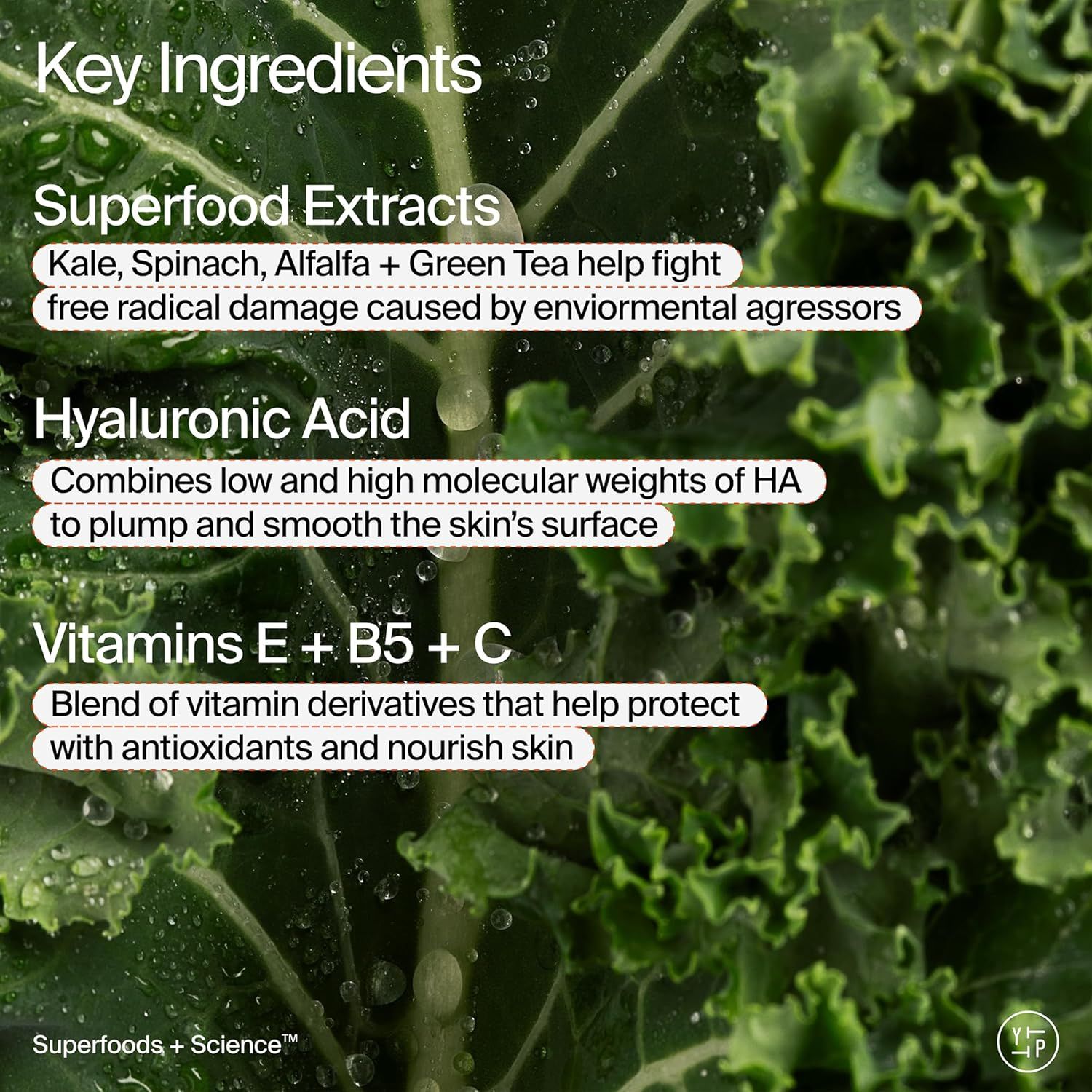 Communicates the key ingredients in the product and their specific benefits for skin health, including antioxidant protection, hydration, and nourishment.