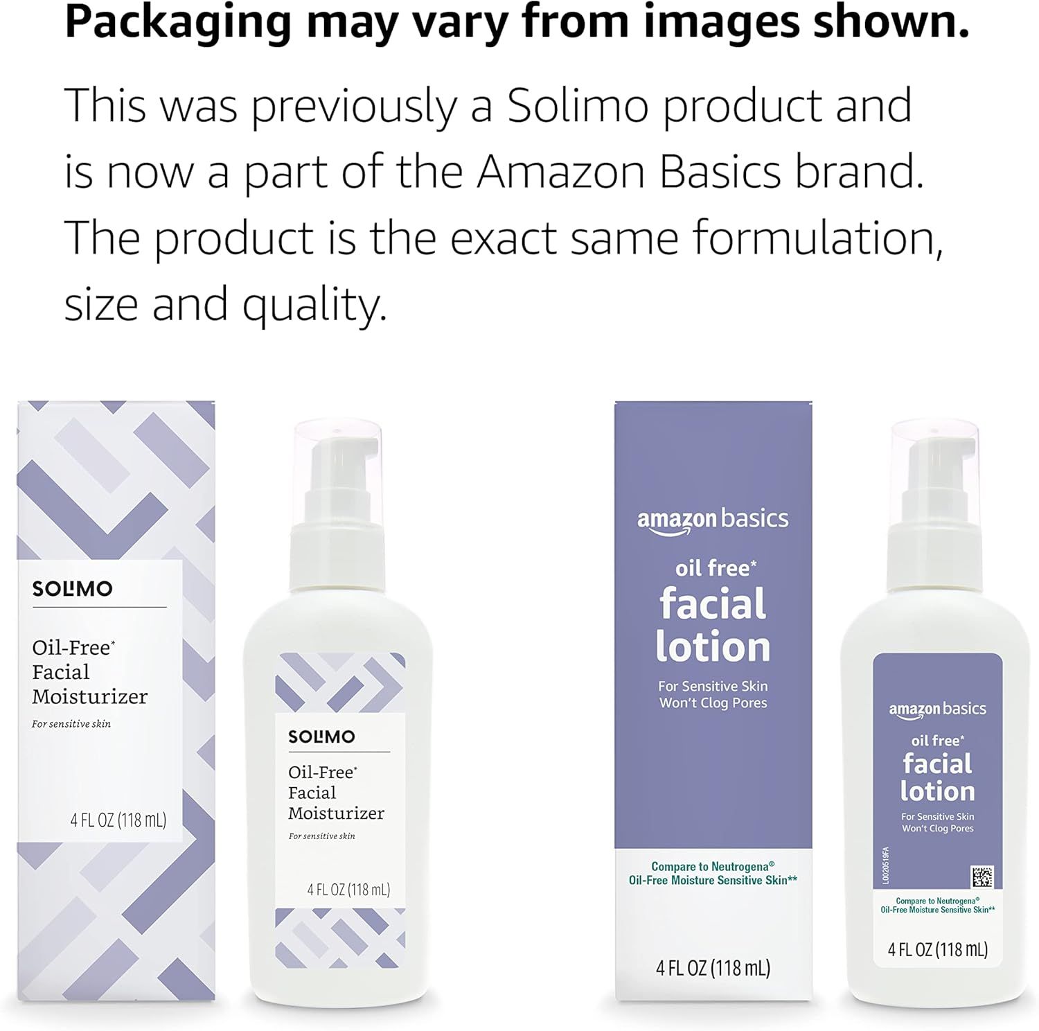 Communicates the brand transition from Solimo to Amazon Basics and reassures shoppers that the product formulation, size, and quality remain unchanged.