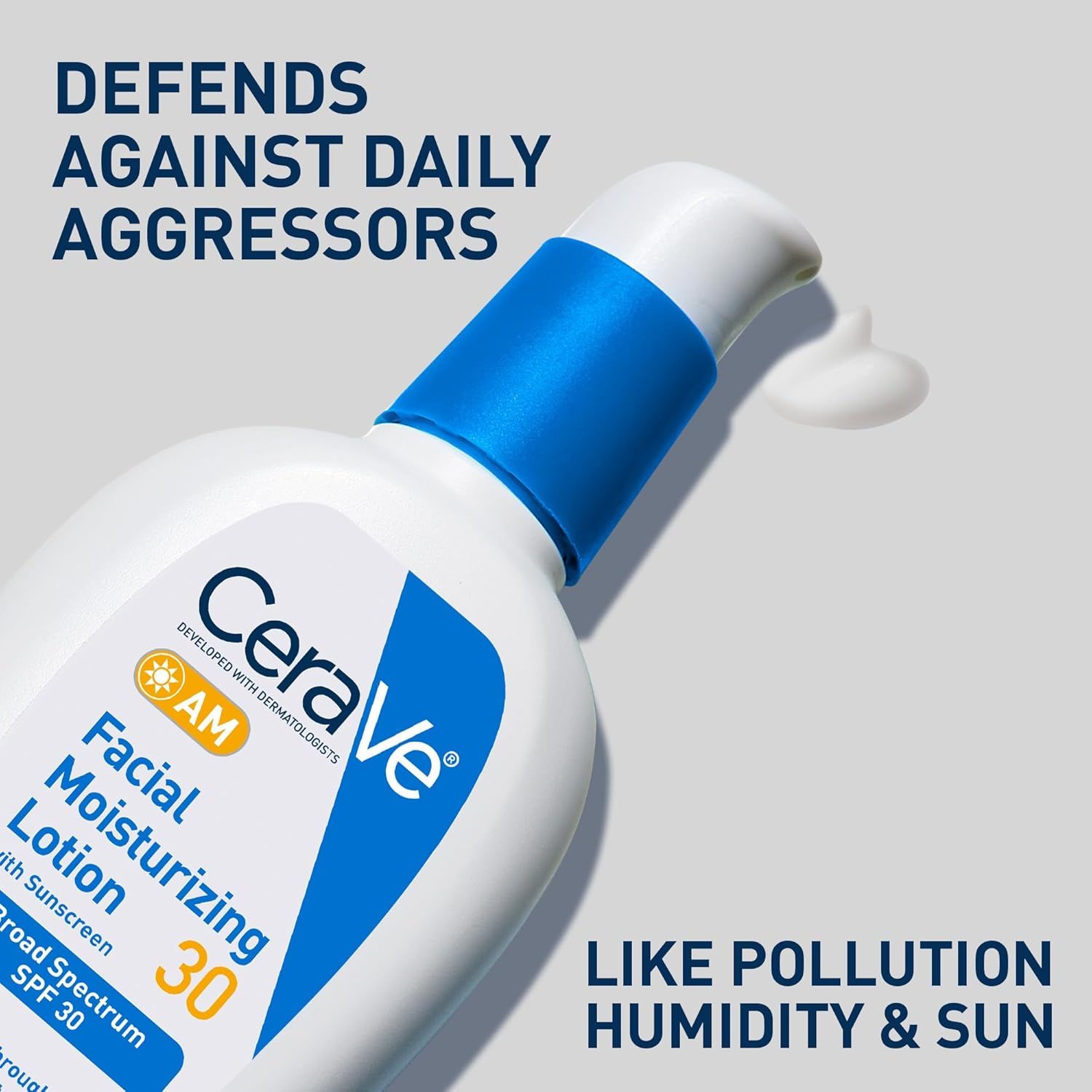 Communicates that the product defends against multiple environmental aggressors (pollution, humidity, and sun) to reassure shoppers of comprehensive daily skin protection.