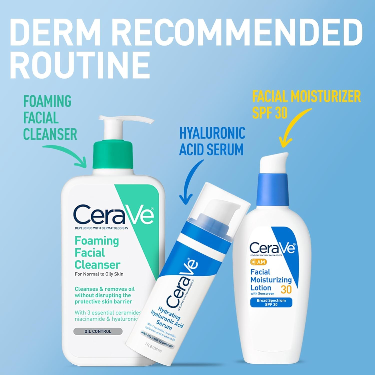 Demonstrates the proper sequence of using three CeraVe products (cleanser, serum, moisturizer) to educate shoppers on how to build an effective skincare routine. Showcases CeraVe's complementary…