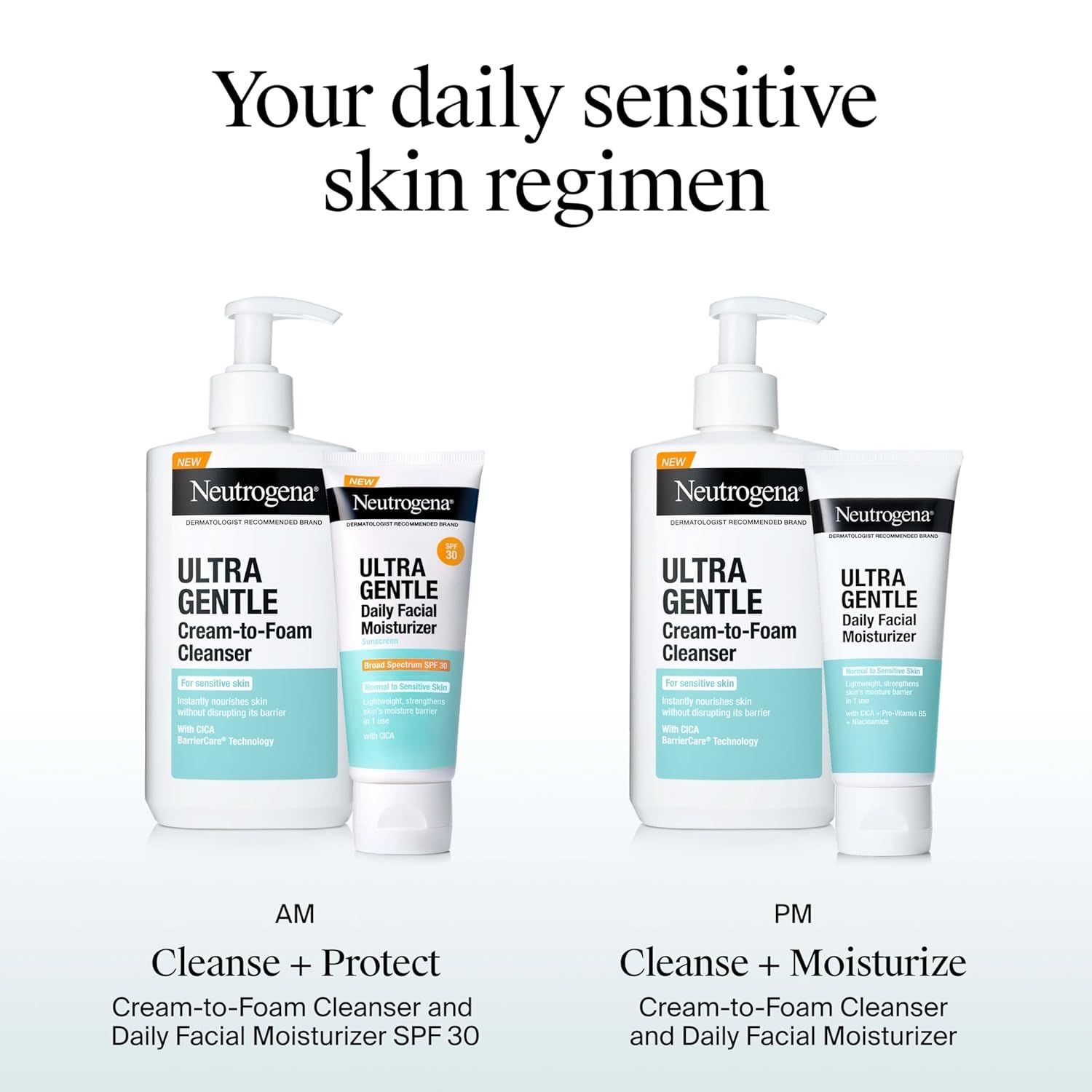Educates shoppers on how to use the product line as part of a daily sensitive skin regimen, showing the recommended AM and PM routines for cleansing, protecting, and moisturizing. Communicates the…