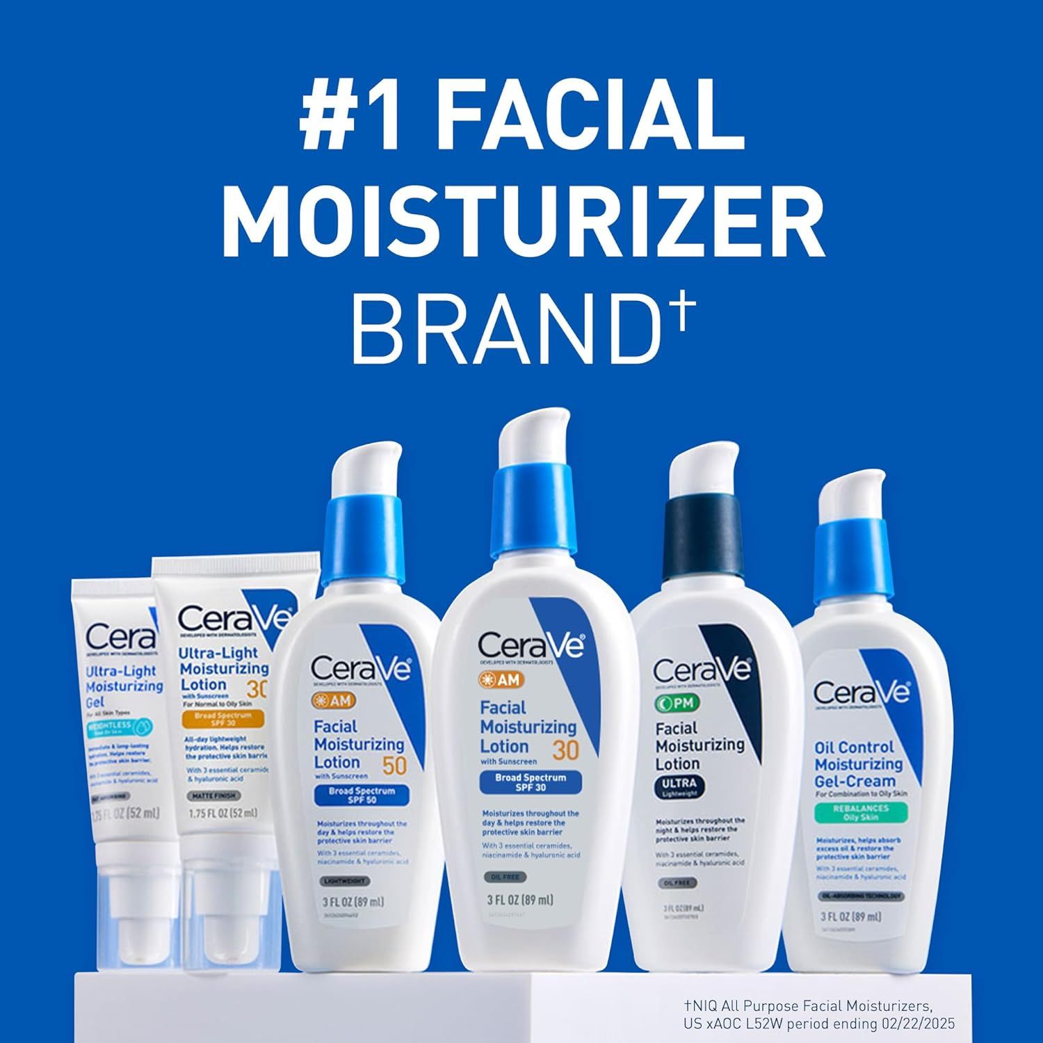 Communicates the brand's market leadership position and showcases the full CeraVe facial moisturizer product lineup to help shoppers understand the variety of options available.