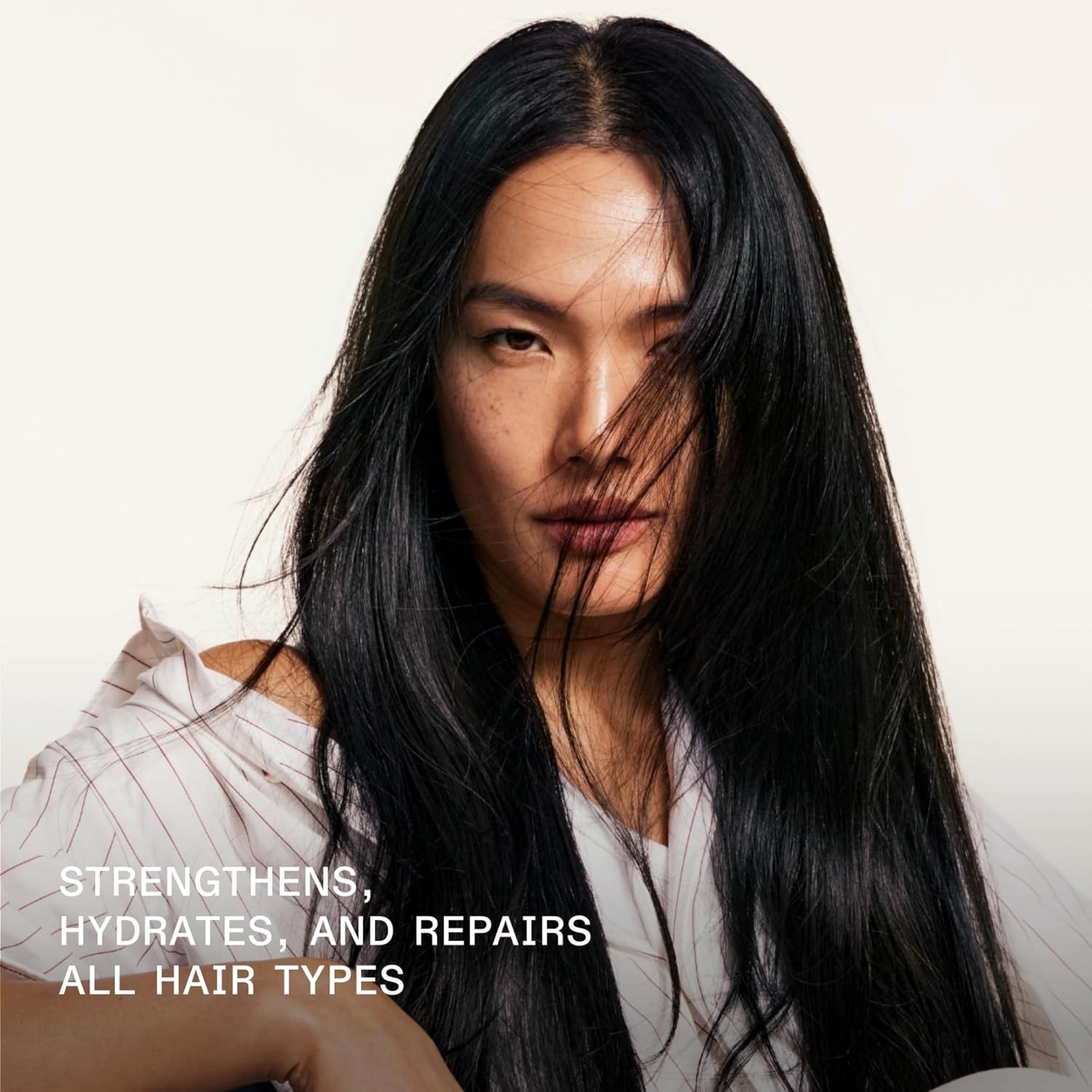 Communicates three distinct product benefits (strengthening, hydration, and repair) while emphasizing versatility for all hair types to reassure shoppers of comprehensive hair care.