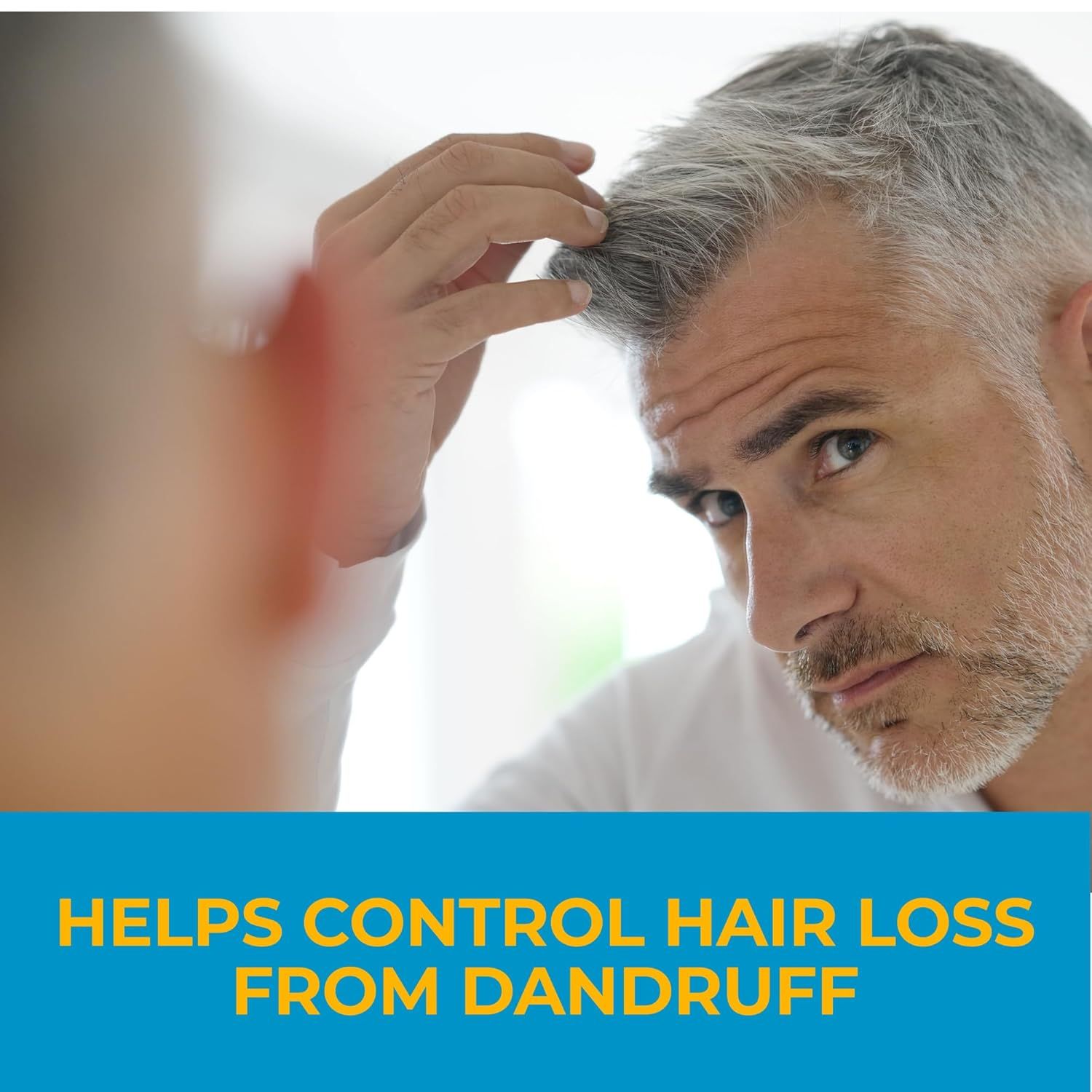 Communicates that the product helps control hair loss caused by dandruff, reassuring shoppers concerned about hair health and dandruff-related hair loss.