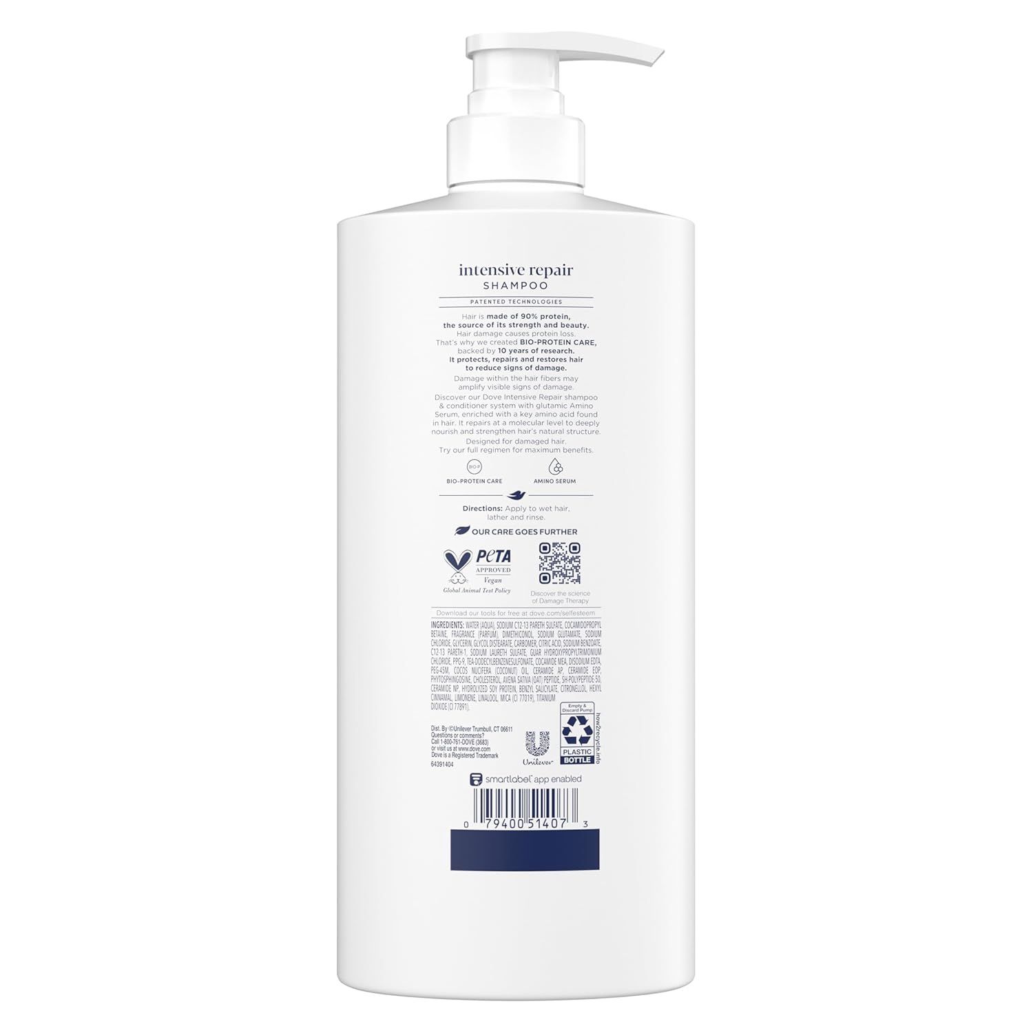 Shows the back of the shampoo bottle with all product information, ingredients, certifications, and usage directions visible for shopper reference.