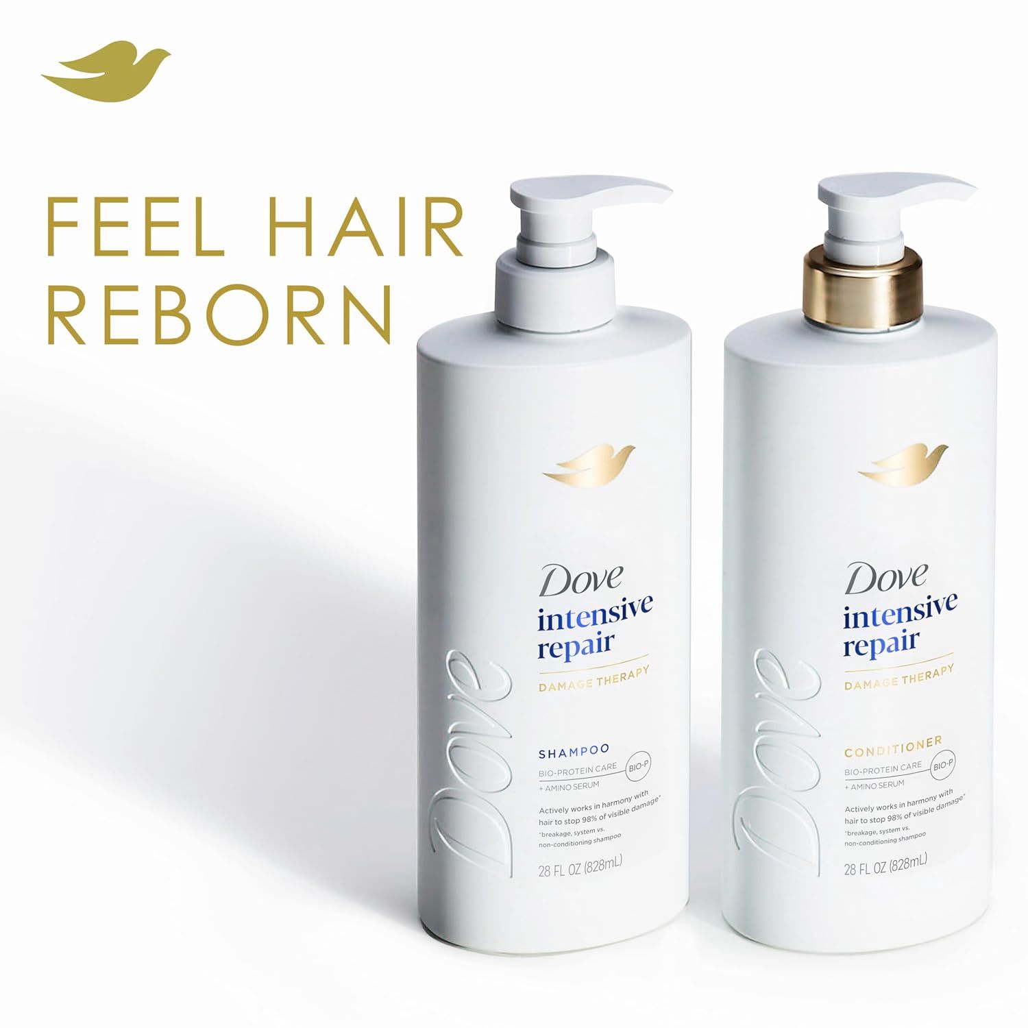 Showcases the Dove Intensive Repair product line (shampoo and conditioner) while reinforcing the brand's emotional messaging 'Feel Hair Reborn' to build brand identity and help shoppers understand…