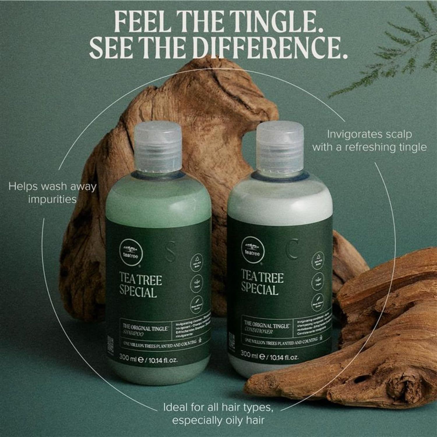 Communicates multiple distinct benefits of the tea tree shampoo and conditioner set through segmented callouts, highlighting the tingling sensation, cleansing properties, and versatility for…