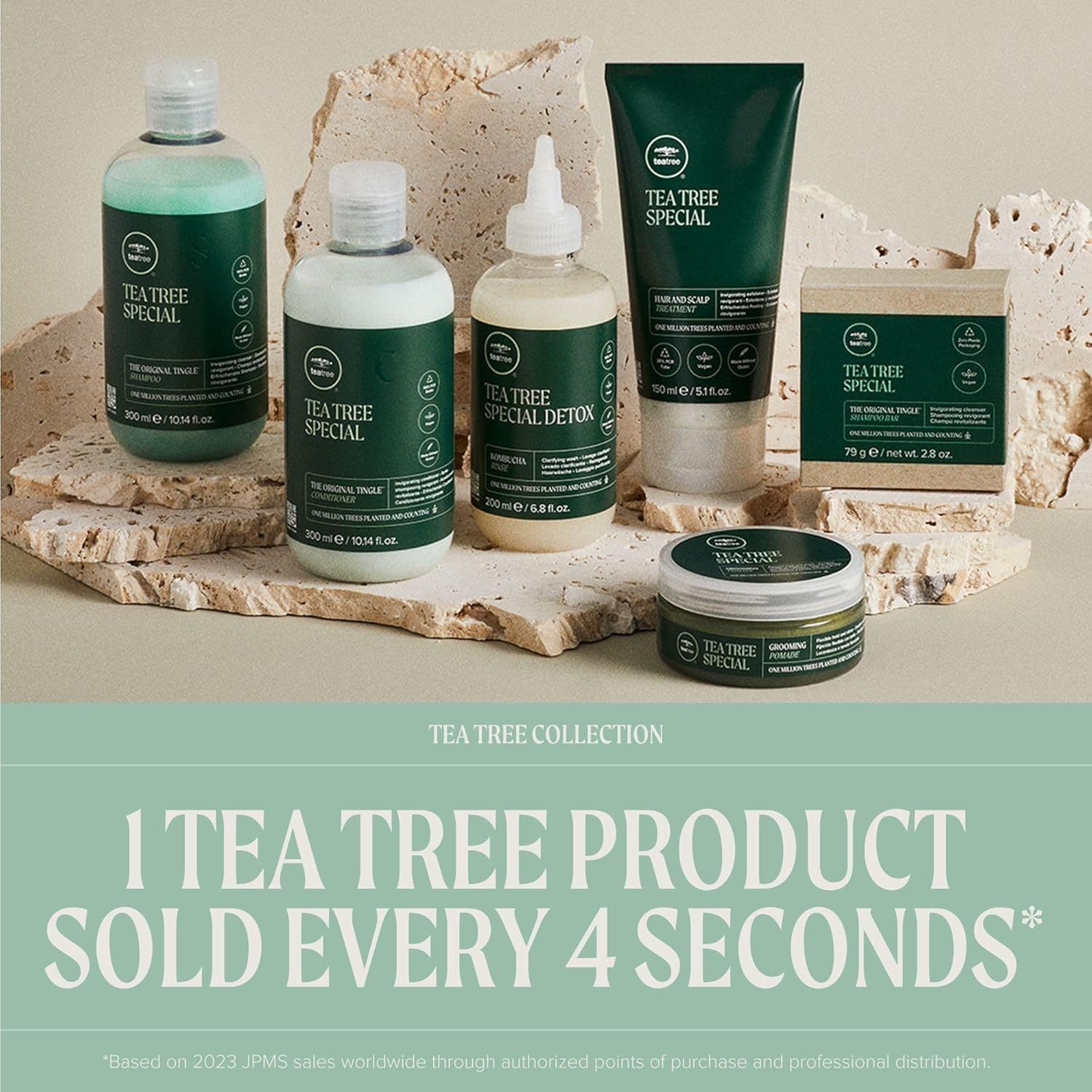 Communicates the brand's popularity and market success by highlighting that one tea tree product is sold every 4 seconds, building trust and social proof through impressive sales statistics.