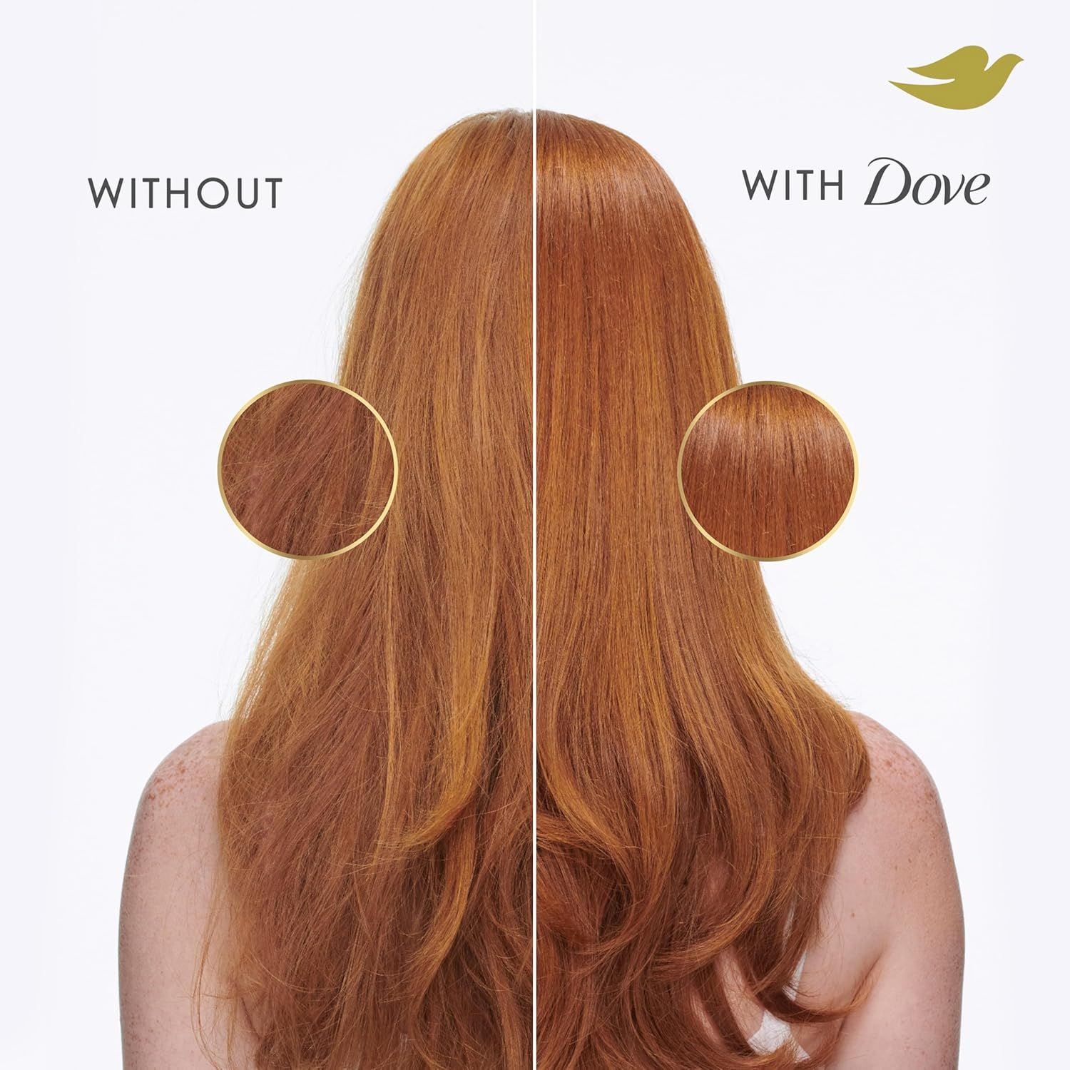 Demonstrates the visible transformation in hair quality after using Dove, showing smoother, shinier, and healthier-looking hair compared to untreated hair.