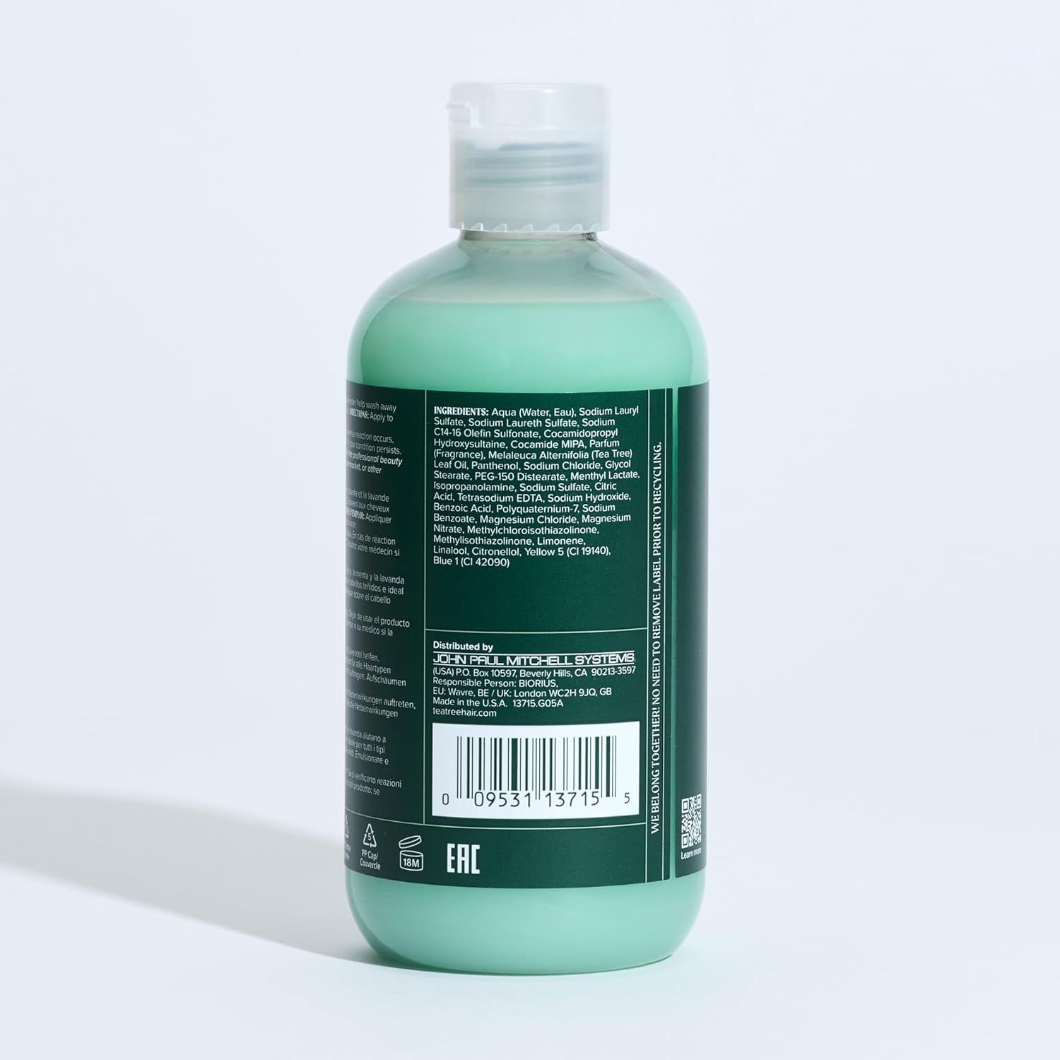 Provides a clean, catalog-style view of the product bottle showing the back label with ingredients and distributor information for shopper reference.