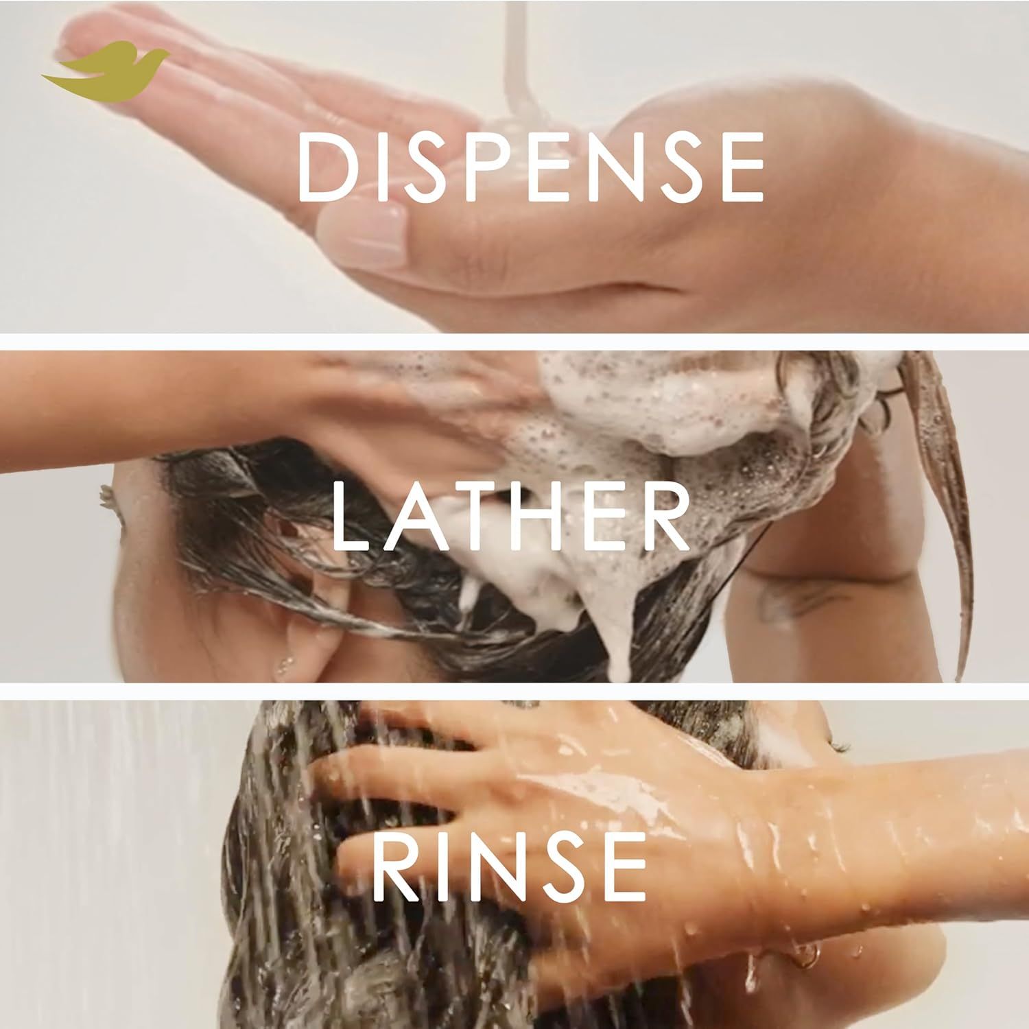 Demonstrates the simple three-step process for using the product: dispense, lather, and rinse, making it easy for shoppers to understand how to use the product effectively.