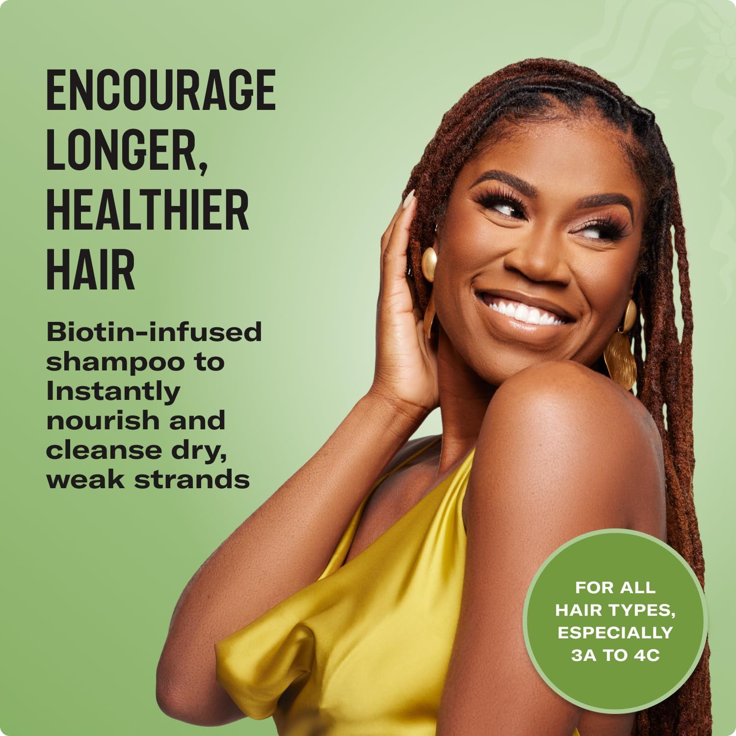 Communicates the primary benefit of the biotin-infused shampoo—encouraging longer, healthier hair by nourishing and cleansing dry, weak strands—to appeal to shoppers seeking hair health solutions.