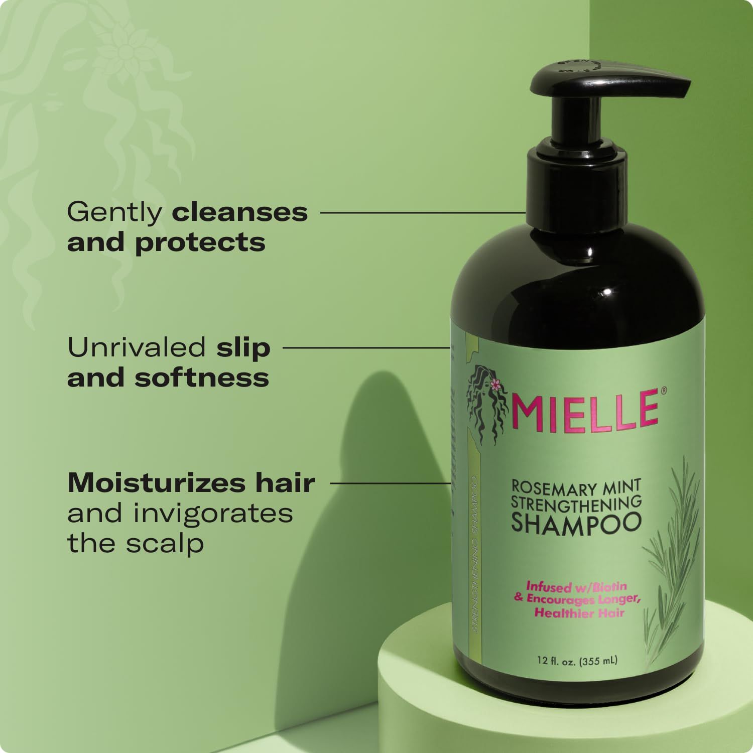 Communicates three distinct benefits of the shampoo in a segmented layout with callout lines, showing shoppers that the product delivers multiple hair care advantages.
