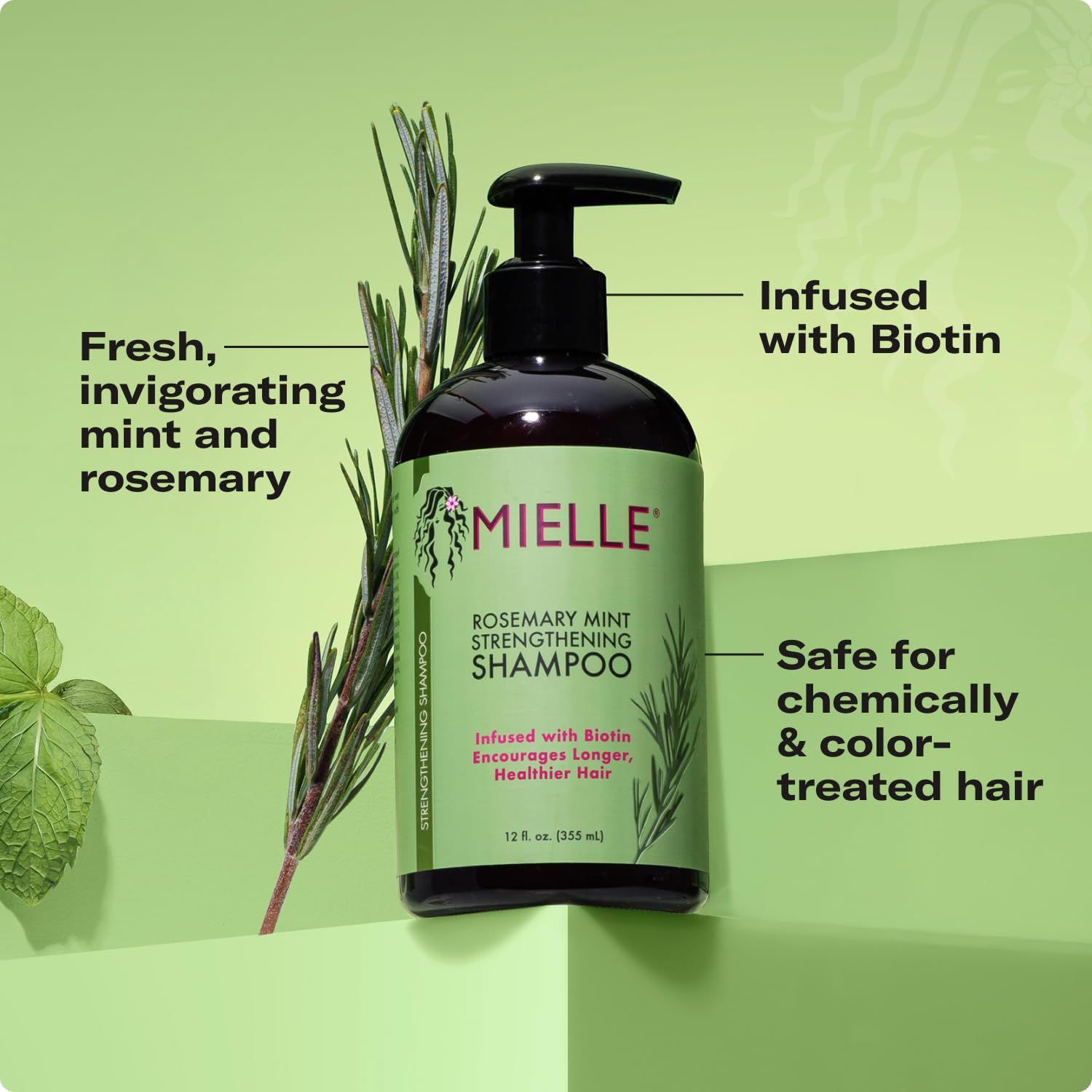 Communicates multiple distinct product benefits in a segmented callout layout: the natural ingredients, biotin infusion for hair health, and safety for treated hair.