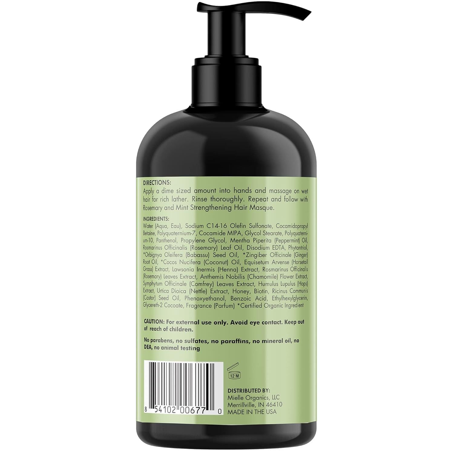 Displays the back of the product bottle showing directions, ingredients, and safety information to inform shoppers about usage and product composition.