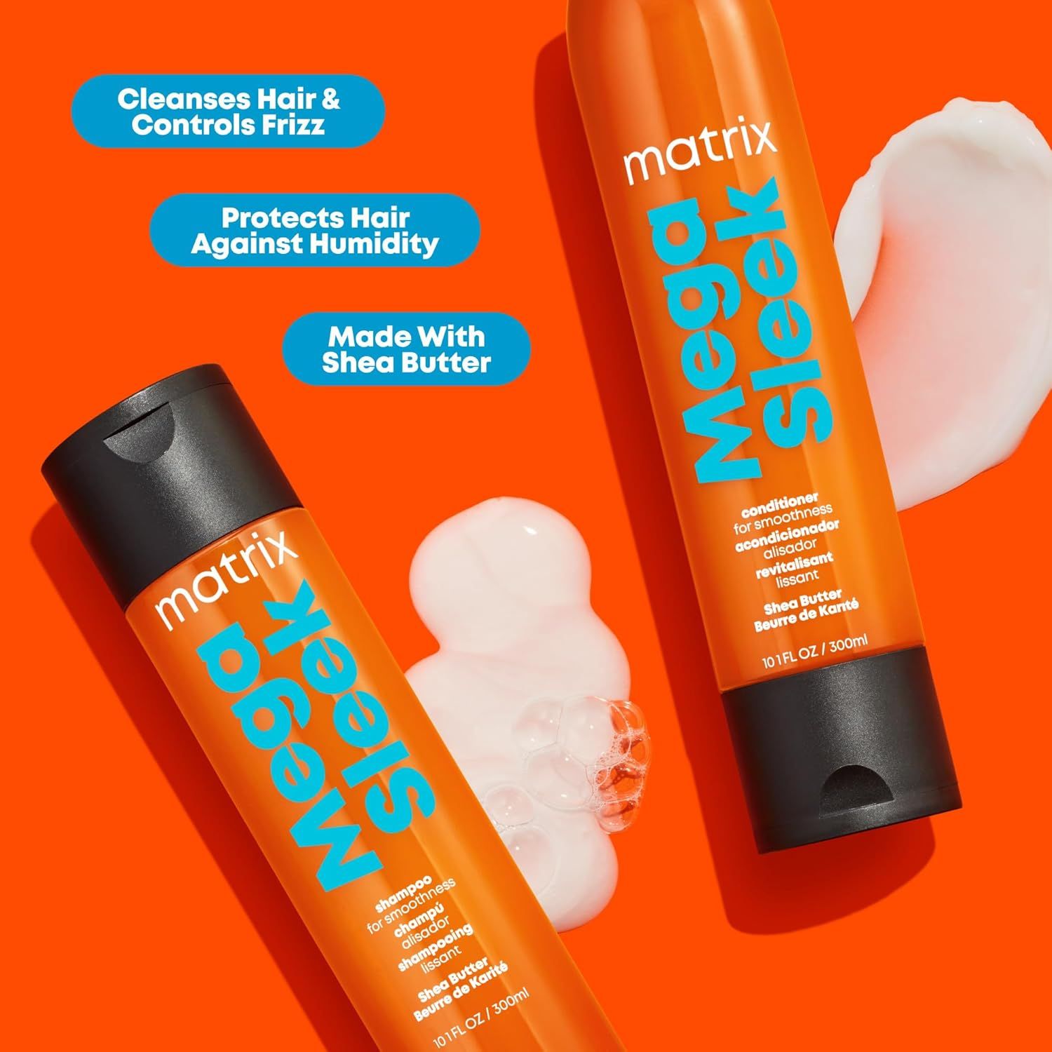 Communicates three distinct product benefits in a segmented layout to show shoppers the multiple advantages of using this Matrix Mega Sleek hair care product.