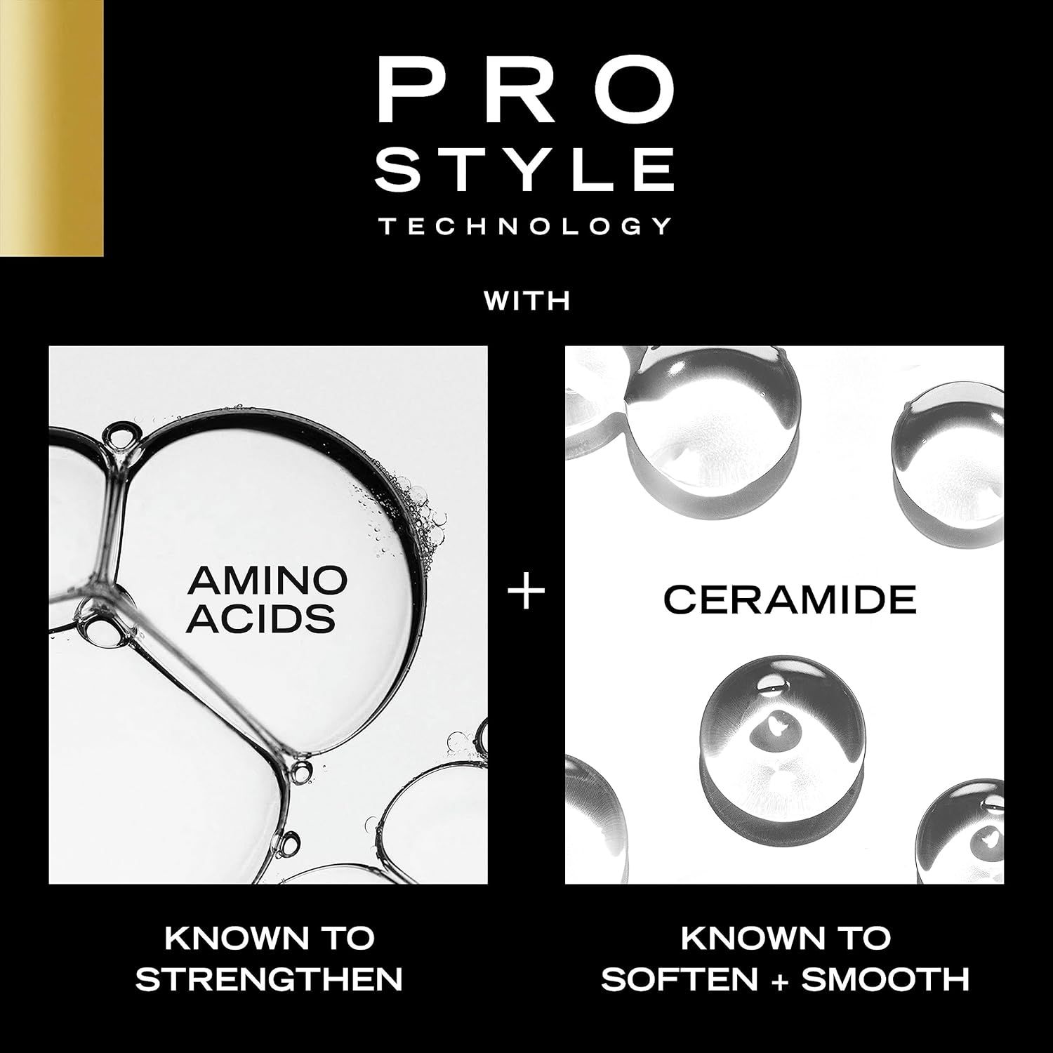 Communicates the product's Pro Style Technology by highlighting two key ingredients (amino acids and ceramide) and their distinct benefits—strengthening and softening/smoothing—to reassure shoppers…