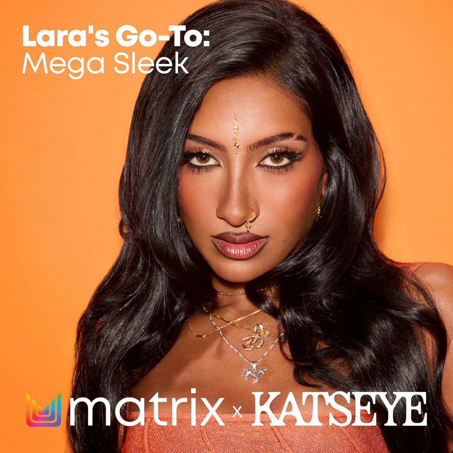 Showcases a brand collaboration between matrix and KATSEYE, featuring influencer/celebrity Lara to build brand awareness and emotional connection with the product line 'Mega Sleek'.