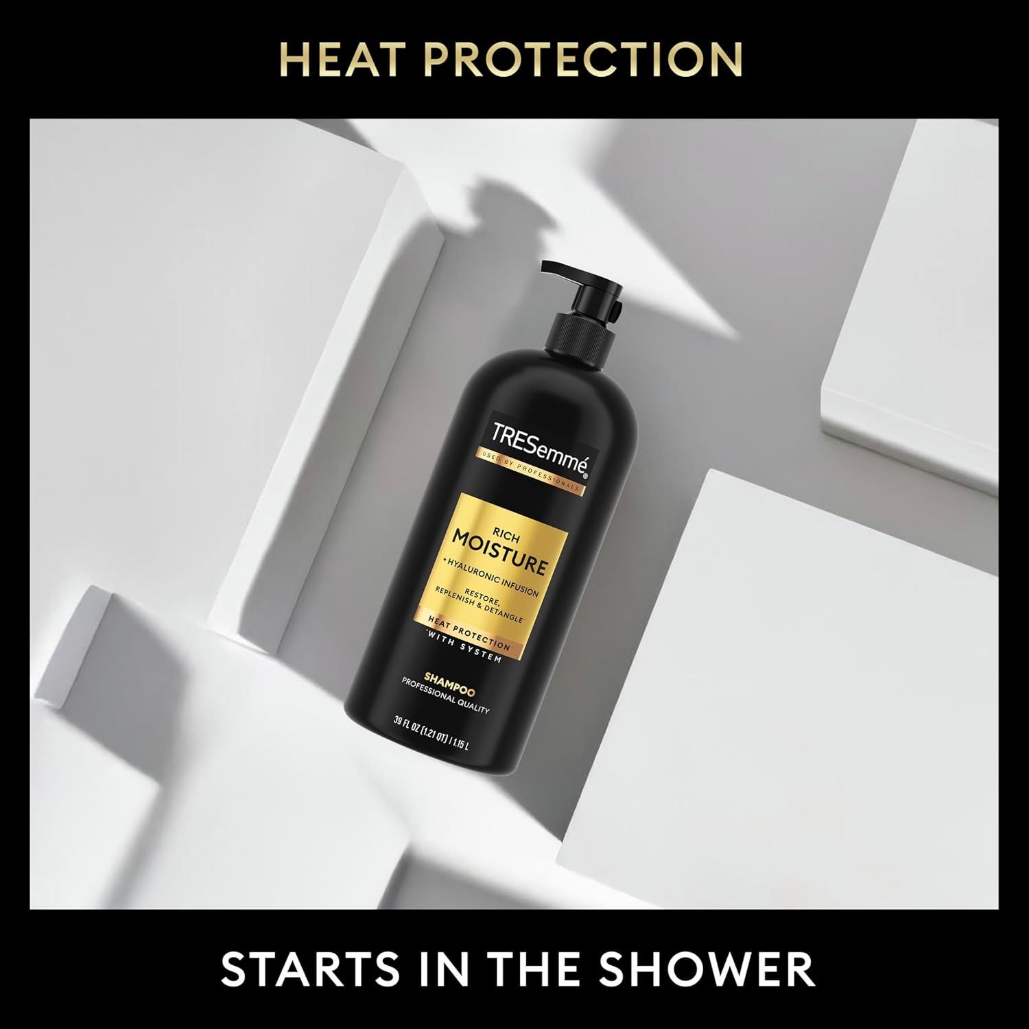 Communicates that the shampoo provides heat protection for hair, reassuring shoppers that they can protect their hair from heat damage starting in the shower.