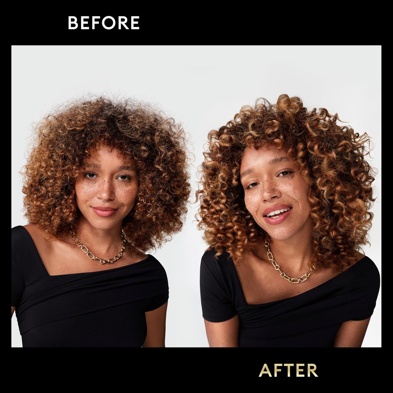 Demonstrates the visible transformation in curl definition and hair appearance achieved by using the product, proving its effectiveness for curly hair care.