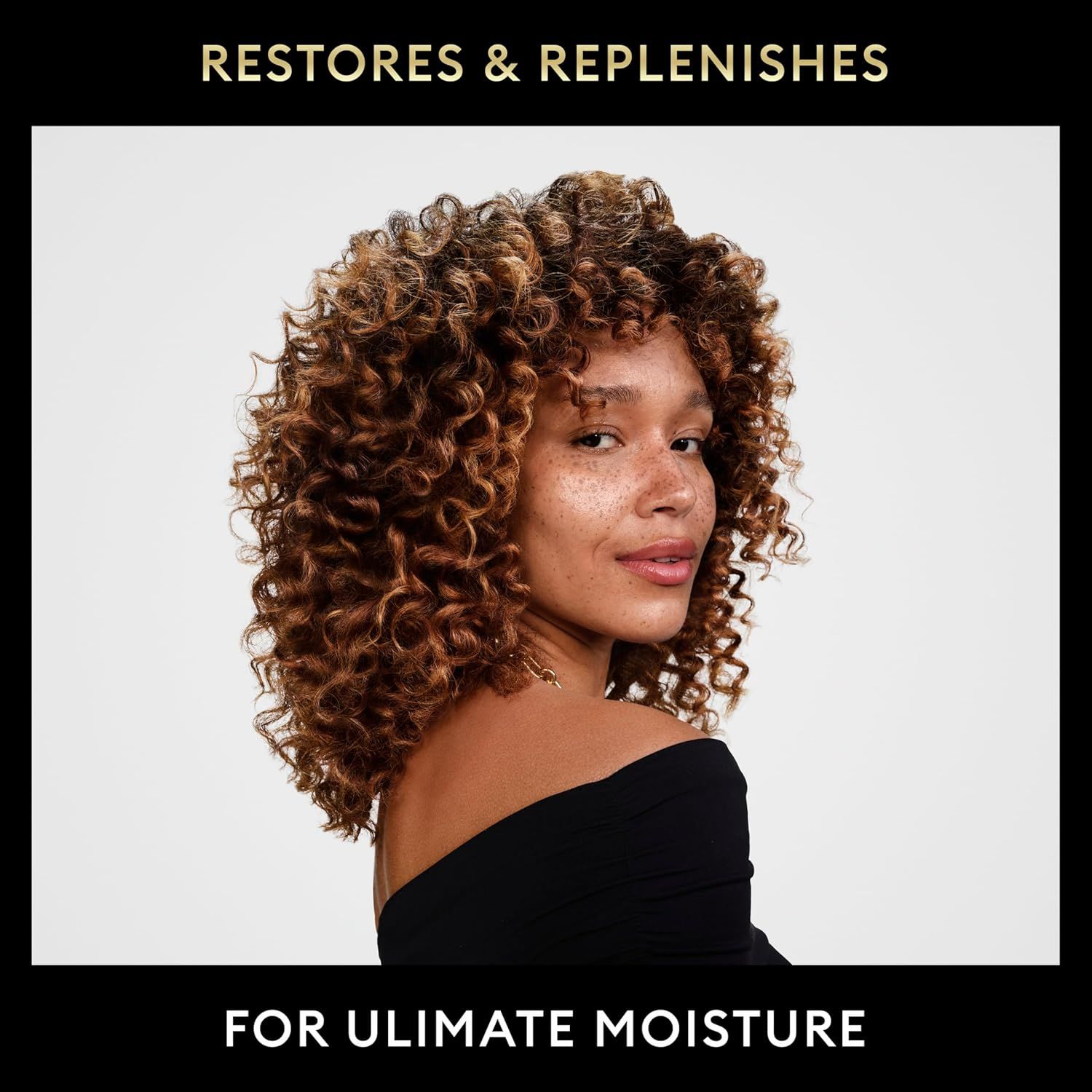 Demonstrates the product's ability to restore and replenish hair with ultimate moisture, showing the visual result of healthy, defined, moisturized curls.