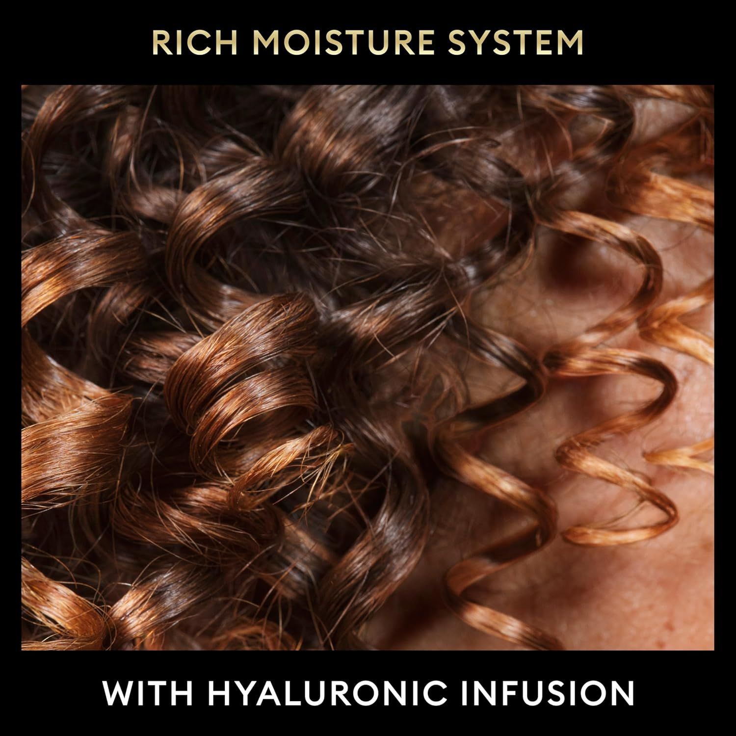 Highlights the product's moisturizing technology featuring hyaluronic acid to communicate hydration benefits and appeal to shoppers seeking hair moisture and shine.