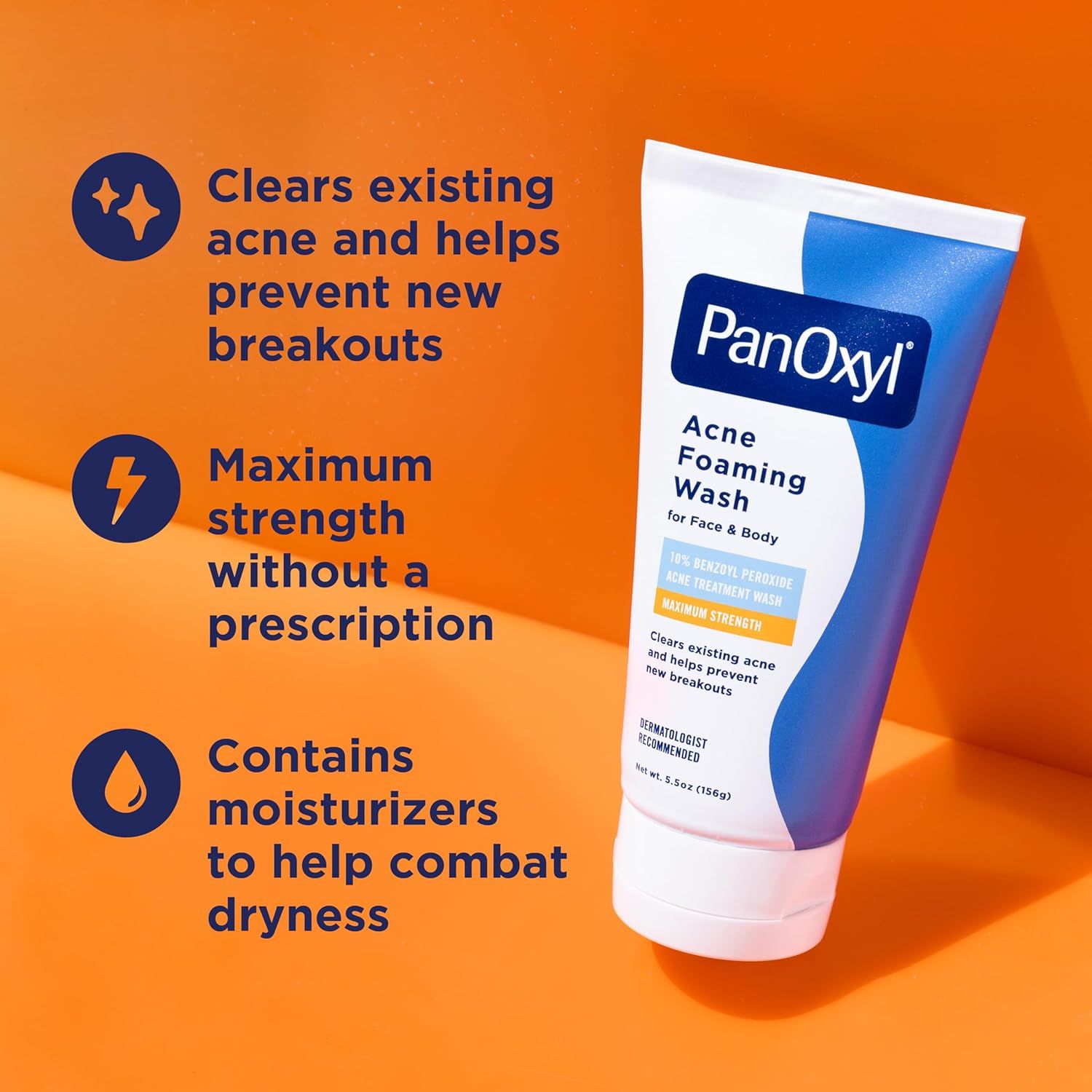 Communicates three distinct product benefits in a segmented layout with icons to show the product treats existing acne, offers maximum OTC strength, and includes moisturizers to prevent dryness.