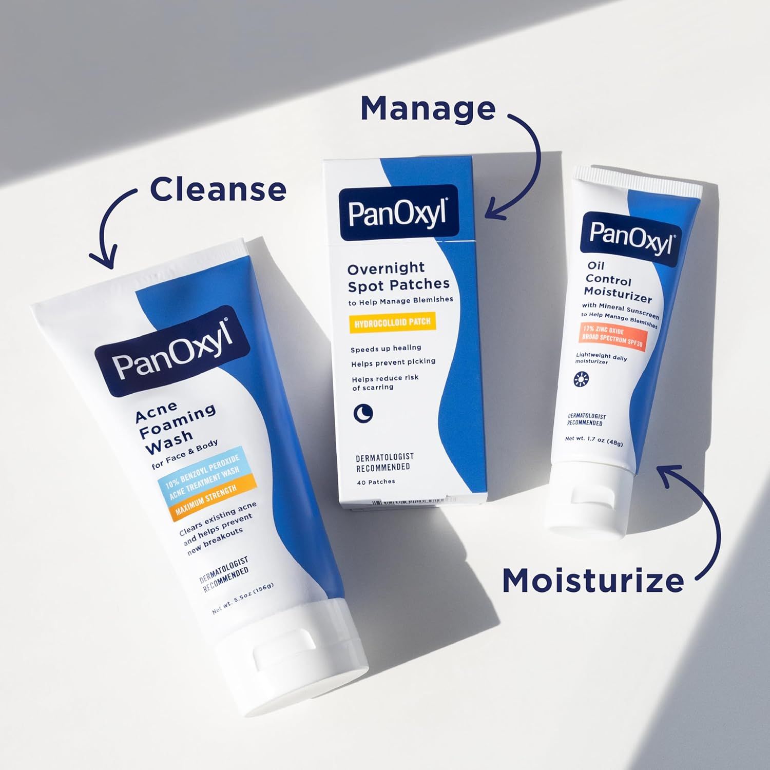 Demonstrates a simple 3-step acne care routine (Cleanse, Manage, Moisturize) to educate shoppers on how to use the product line together for optimal results. Showcases the PanOxyl product portfolio…