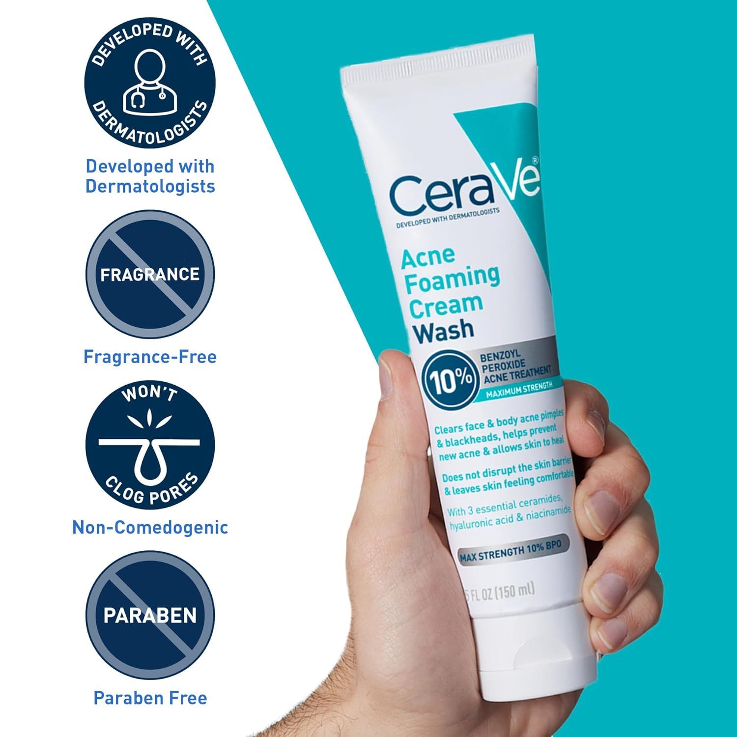 Communicates multiple product benefits and safety features in a segmented layout to reassure shoppers that the acne wash is dermatologist-approved, gentle, and free from potentially harmful or…