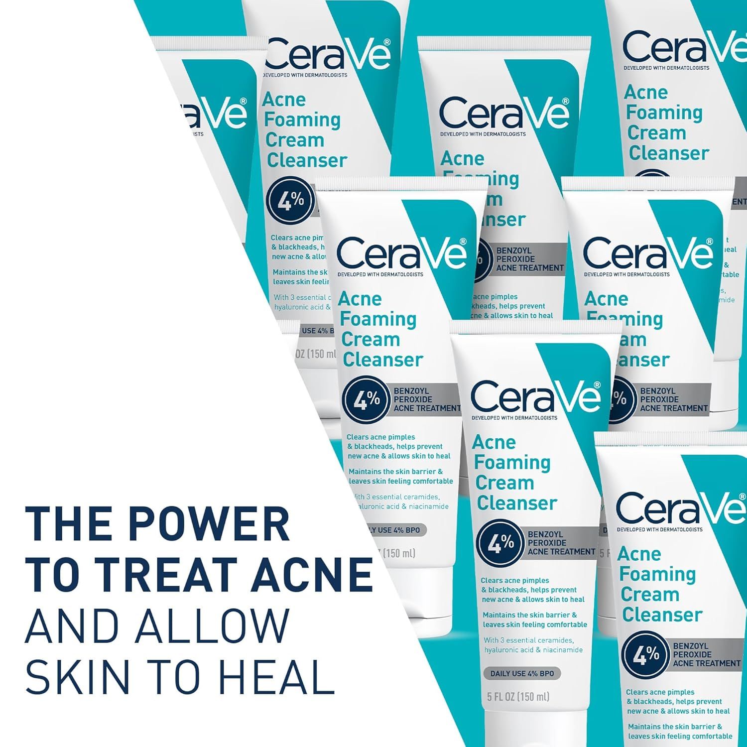 Showcases the CeraVe Acne Foaming Cream Cleanser product line and reinforces the brand's dermatologist-developed positioning with the tagline 'The Power to Treat Acne and Allow Skin to Heal.'