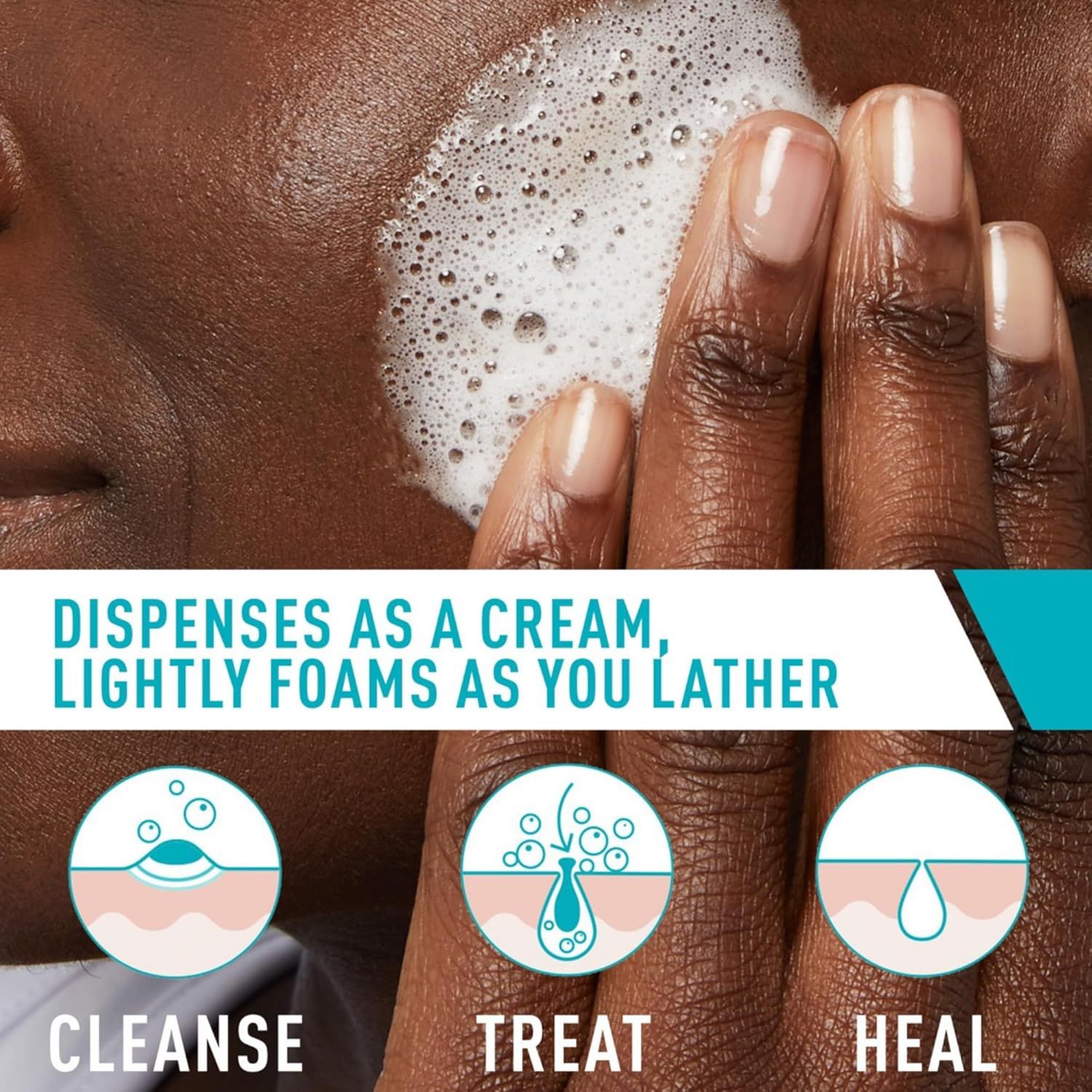 Communicates the product's three-in-one functionality (cleanse, treat, heal) and its unique cream-to-foam transformation to show shoppers the comprehensive skincare benefits in a single product.