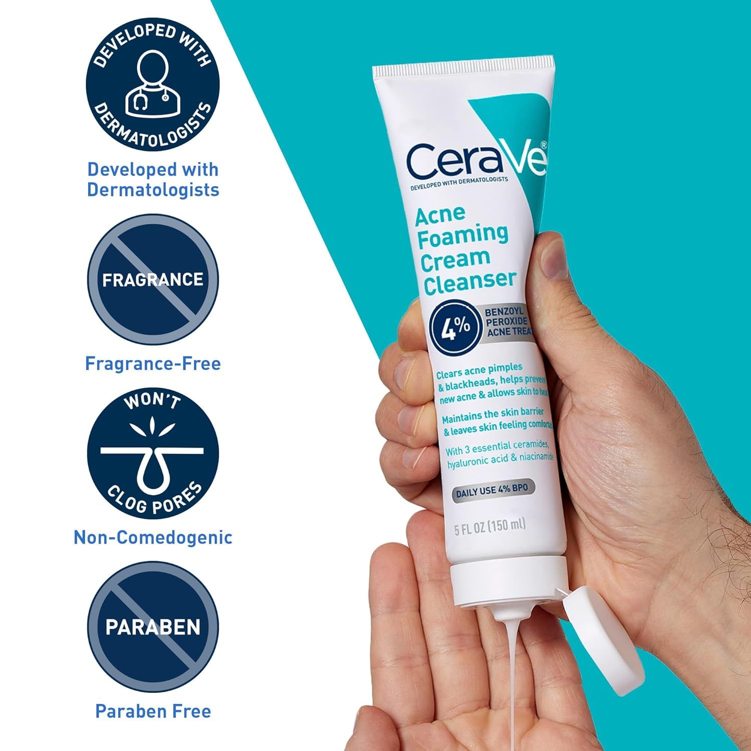Communicates multiple product benefits and safety features to reassure shoppers that this acne cleanser is dermatologist-approved, gentle, and free from potentially harmful or irritating ingredients.