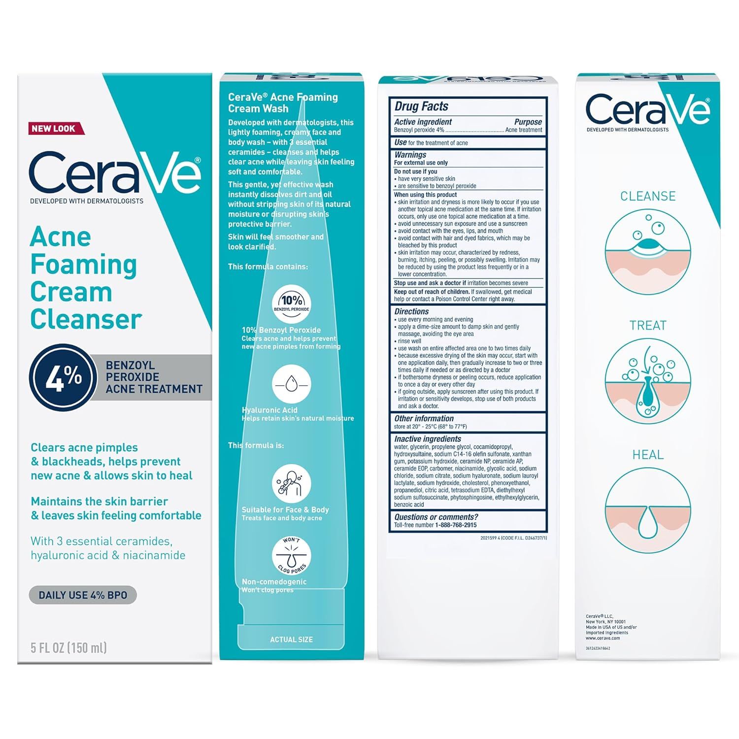 Communicates multiple distinct benefits of the acne treatment product in a visually segmented layout, showing how it cleanses, treats, and heals acne while maintaining skin health.