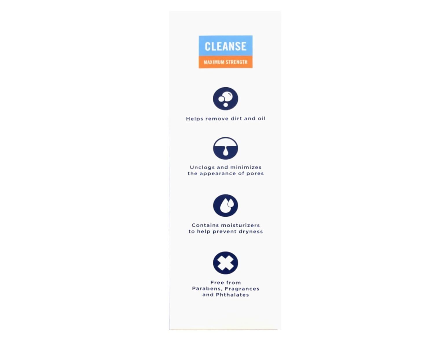 Communicates multiple key benefits of the cleanser in a vertically segmented layout, showing it removes impurities, minimizes pores, moisturizes, and is free from harmful ingredients.