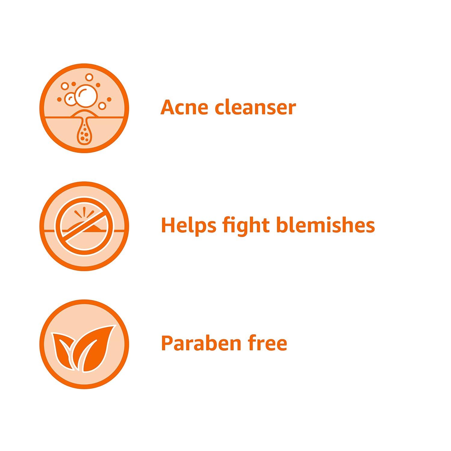 Communicates three distinct product benefits in a segmented vertical layout to show the product is an acne cleanser that fights blemishes and is free from parabens.