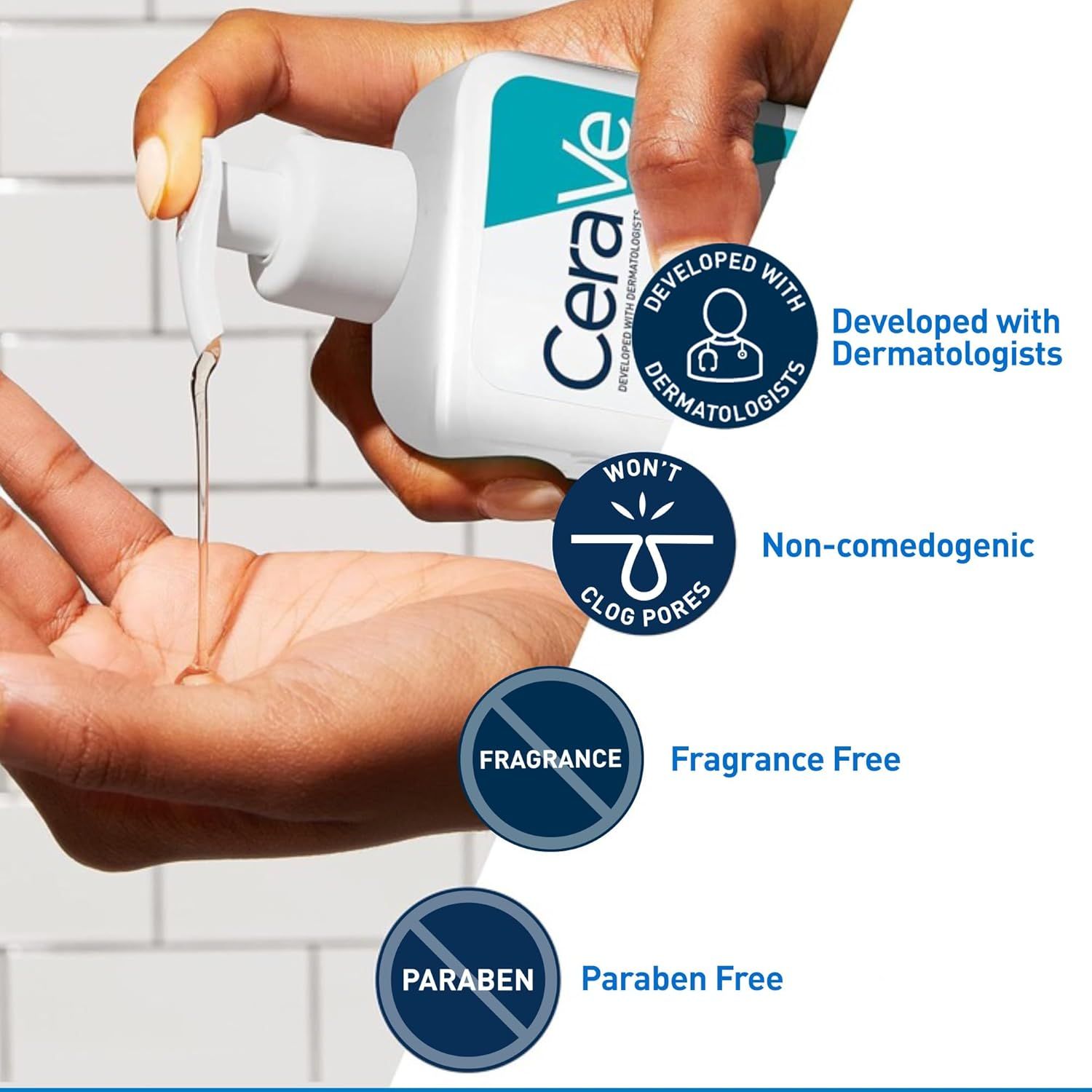 Communicates multiple product benefits and safety features to reassure shoppers that the product is dermatologist-approved, gentle on skin, and free from potentially harmful or irritating ingredients.