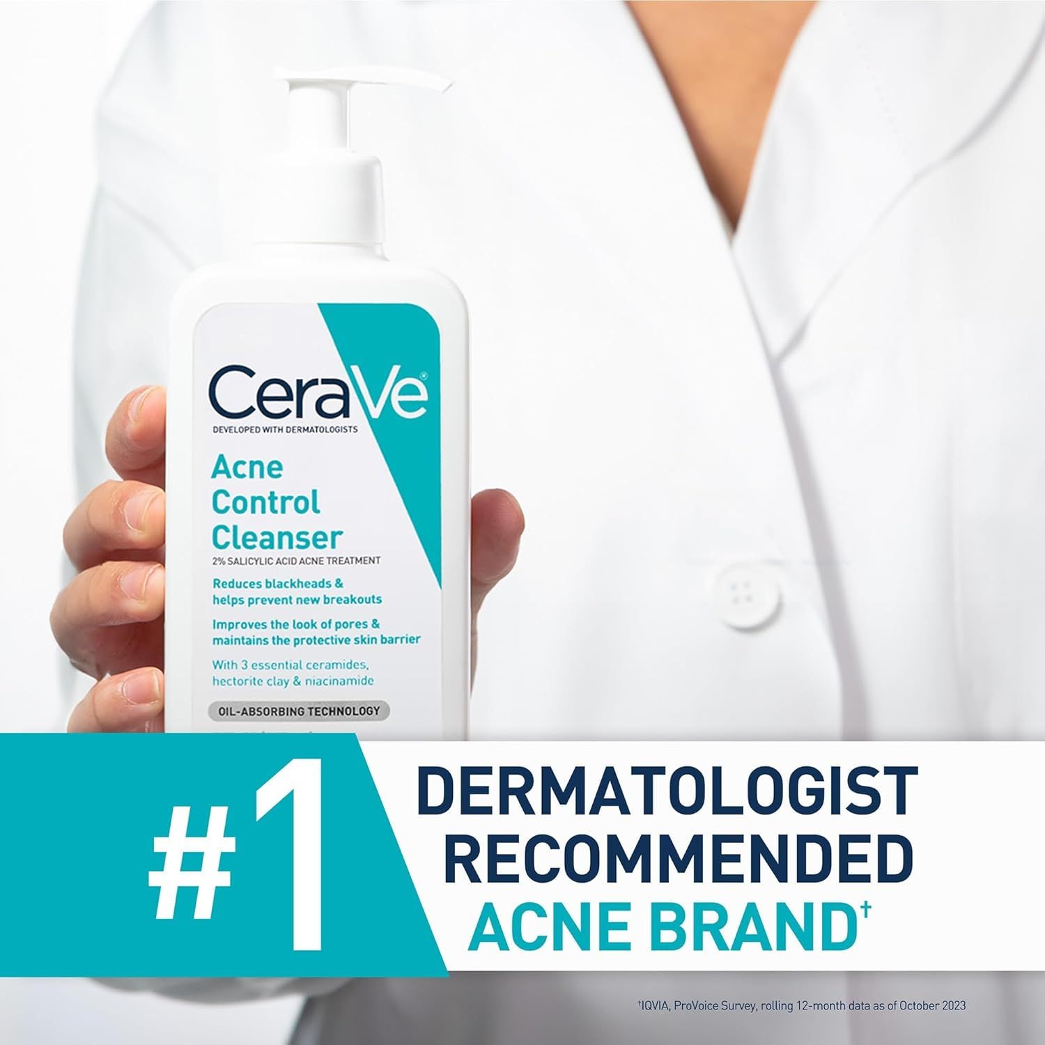 Communicates professional endorsement and market leadership by highlighting that CeraVe is the #1 dermatologist-recommended acne brand, building credibility and trust with shoppers.